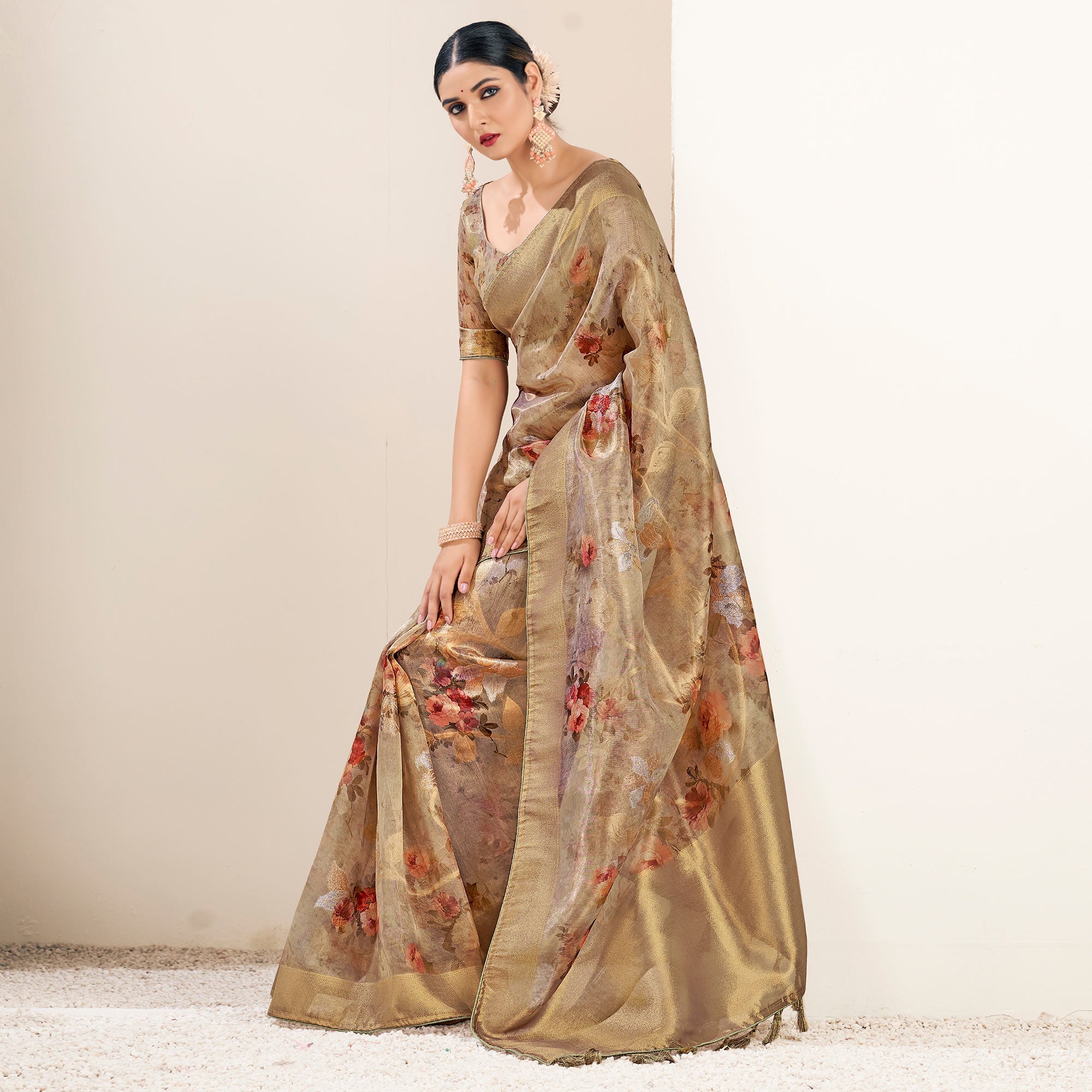 Peachmode Light Brown Floral Digital Printed Tissue Saree With Tassels