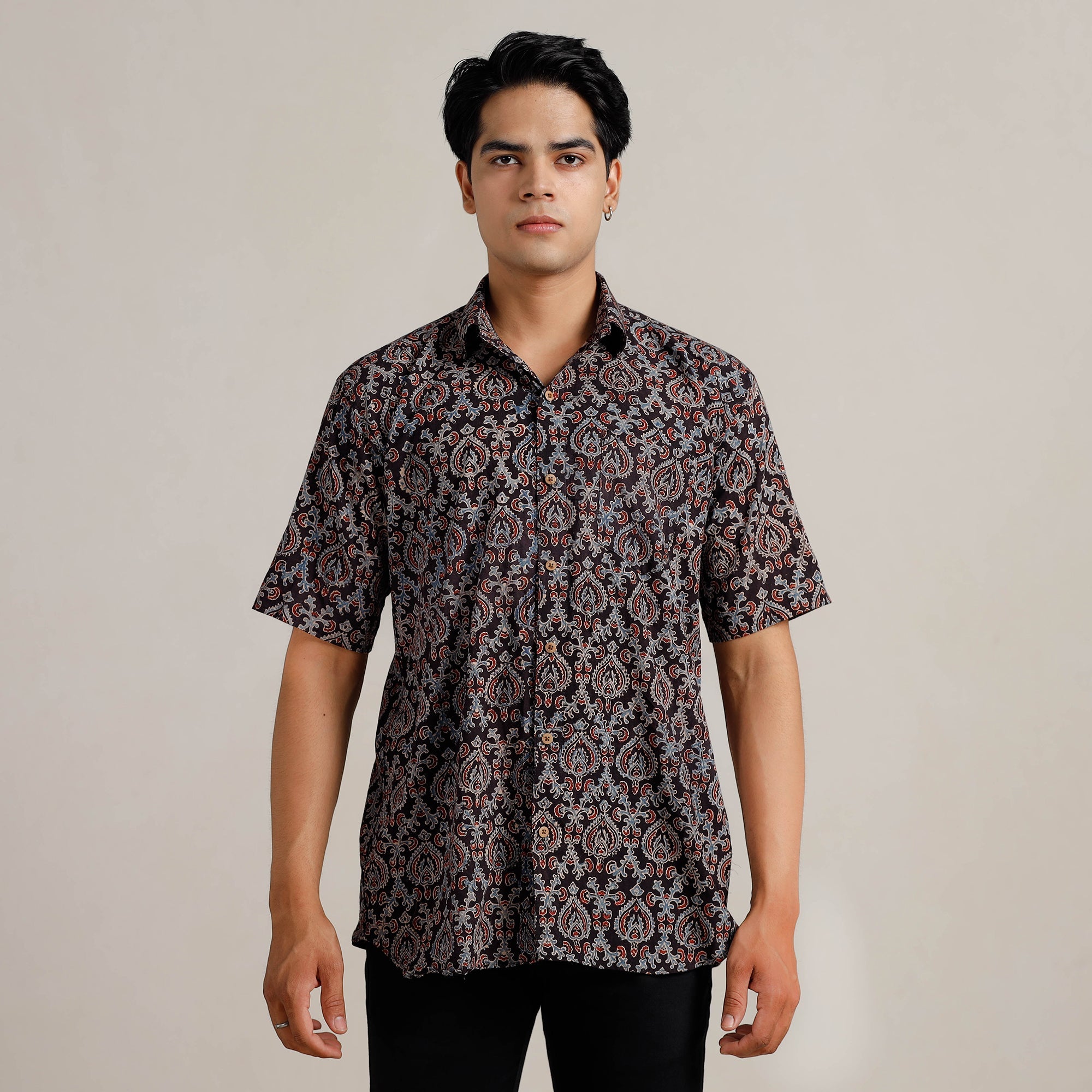 ITOKRI CASUALS Black - Ajrakh Block Printed Cotton Men Half Sleeve Shirt 01 - view 2