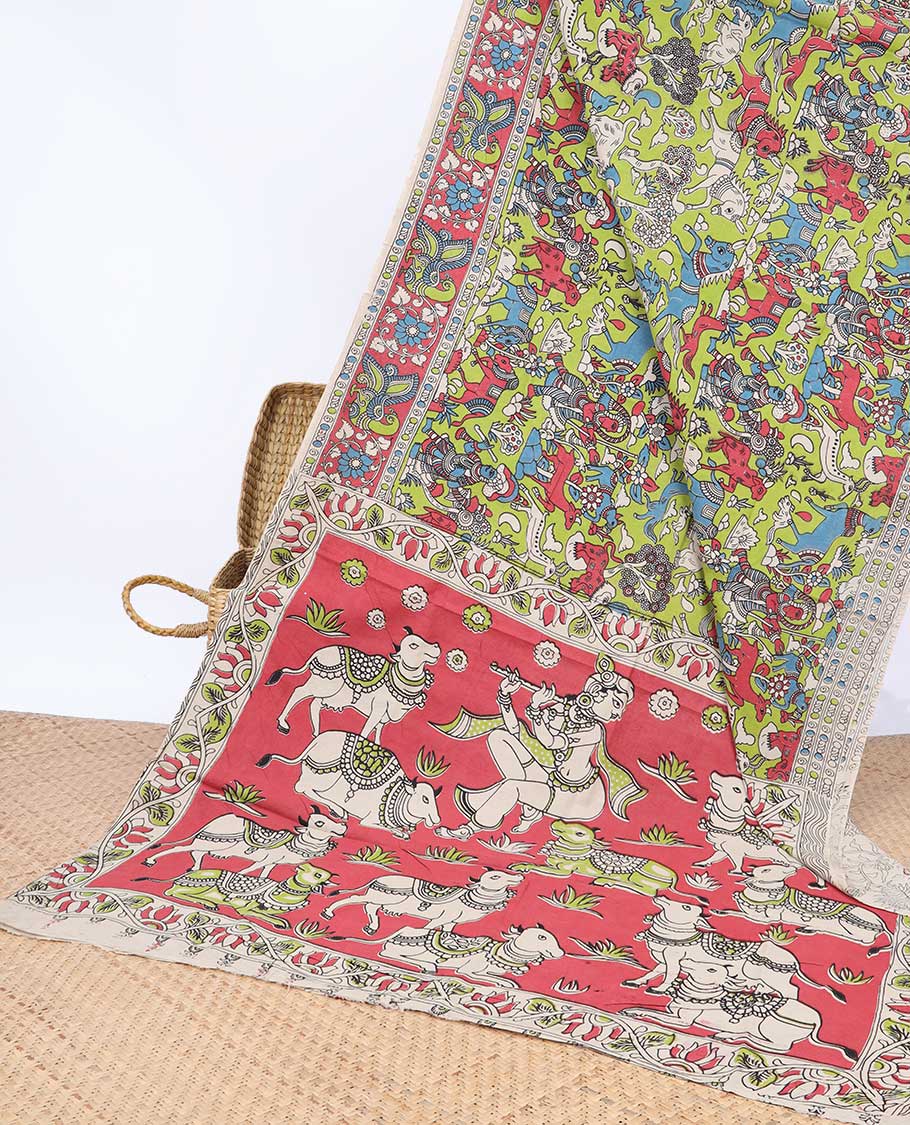 Pothys Green village-theme machine-printed kalamkari cotton saree, contrast border & pallu of Pichwai cows & God Krishna