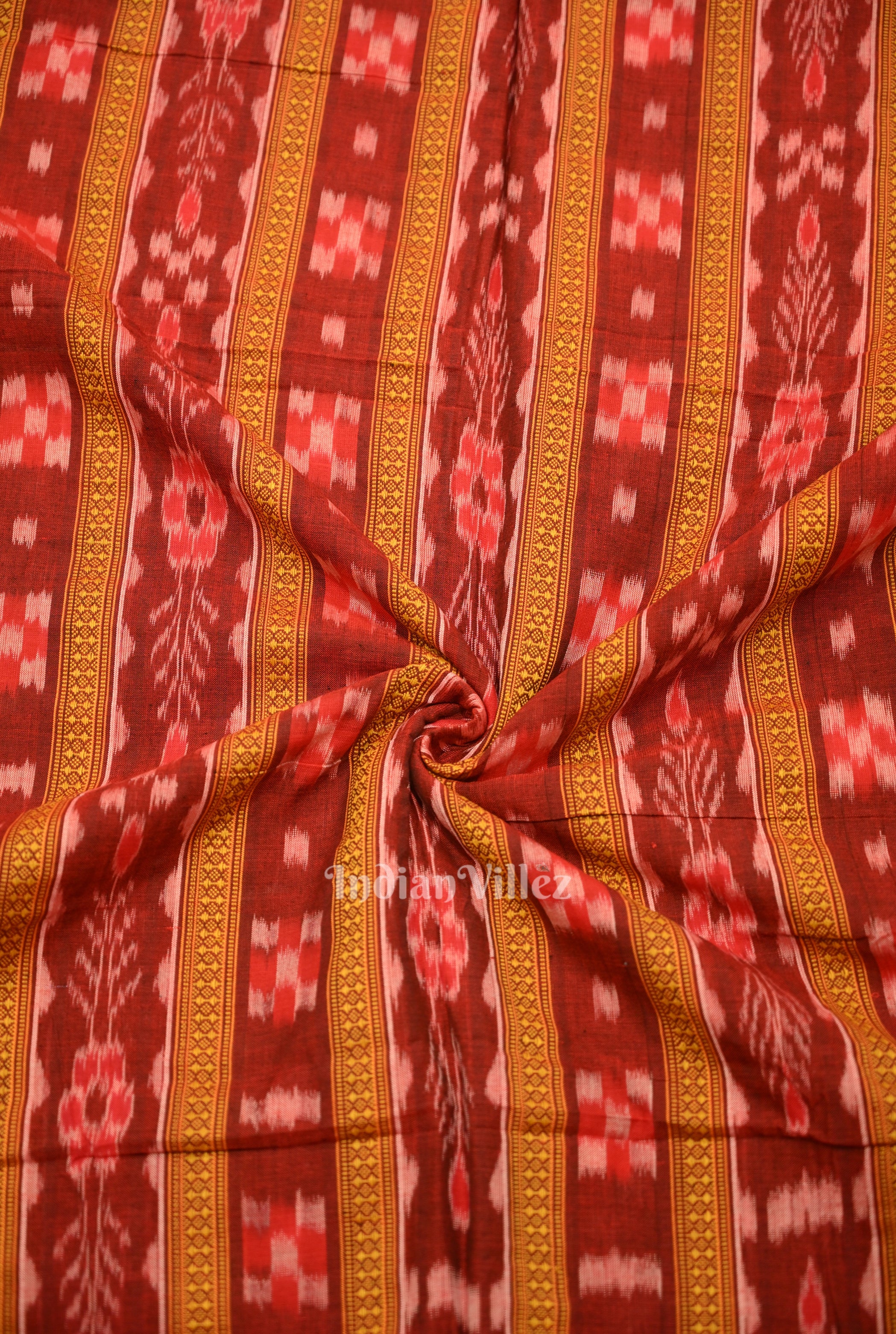 IndianVillèz Maroon Pasapali Bandha Sambalpuri Ikat Cotton Fabric