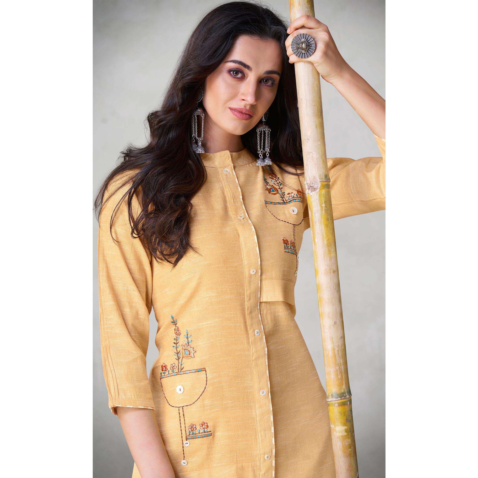 Peachmode Seller Eye-catching Yellow Colored Party Wear Embroidered Self Weaved Cotton Kurti Pant Set - view 2
