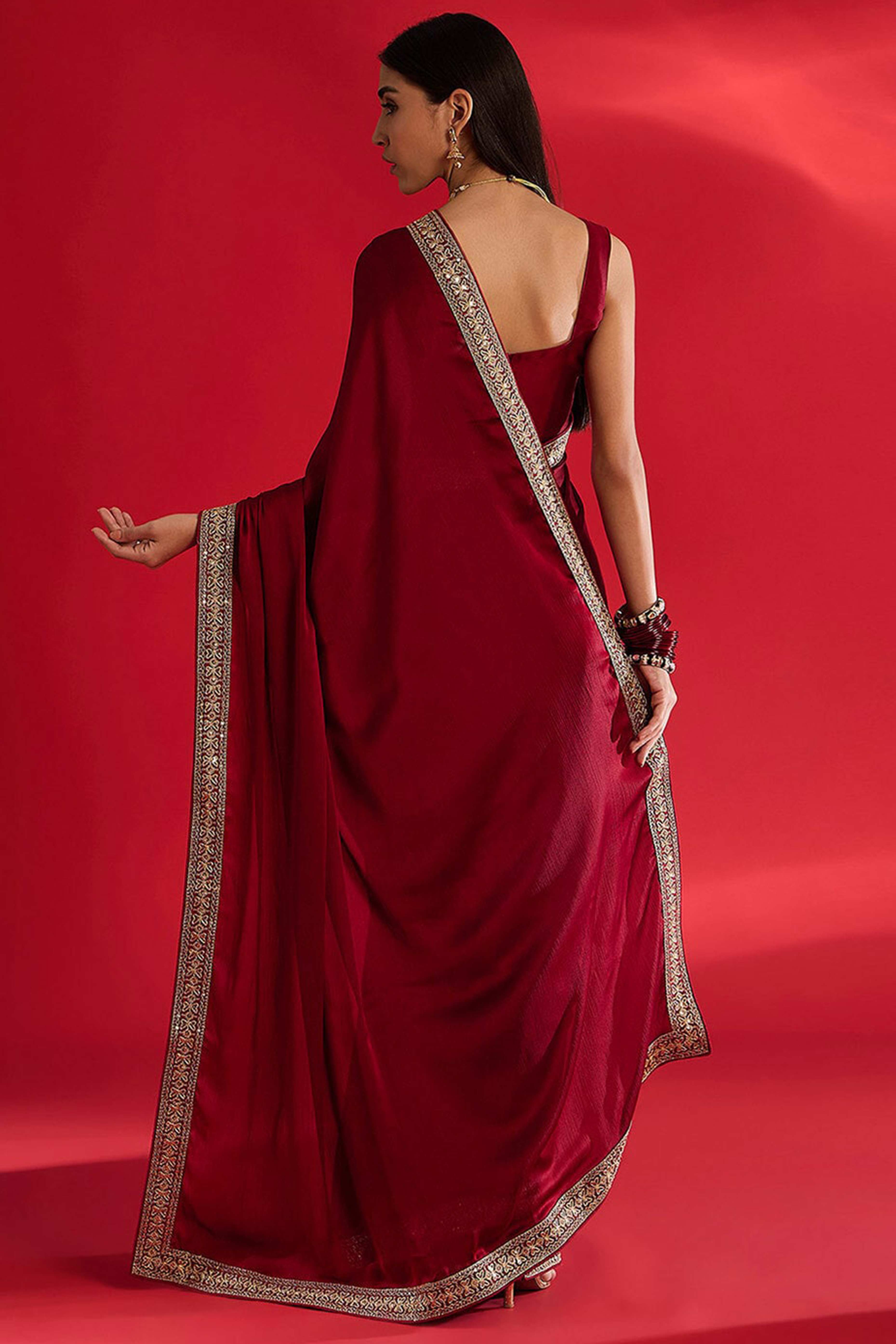 Peachmode Maroon Solid With Embellished Bordered Chiffon Sarees - view 4