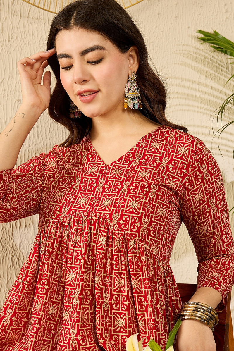 Ahika Red Viscose Rayon Ethnic Motifs Printed Regular Kurti Tunics VT1330