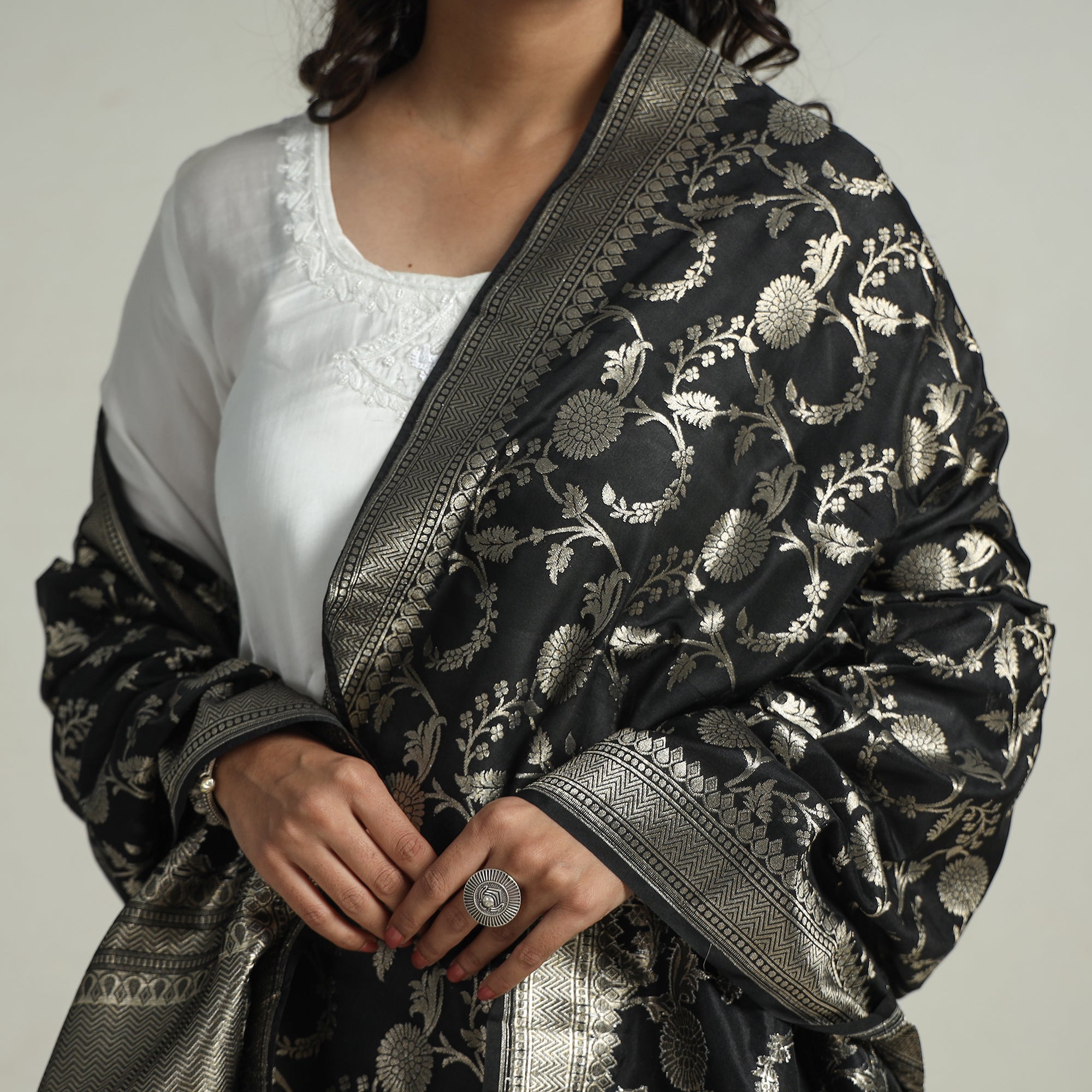 BANARASI BY MAQBUL HASAN Black - Banarasi Semi Silk Zari Jaal Dupatta with Tassels 71 - view 3