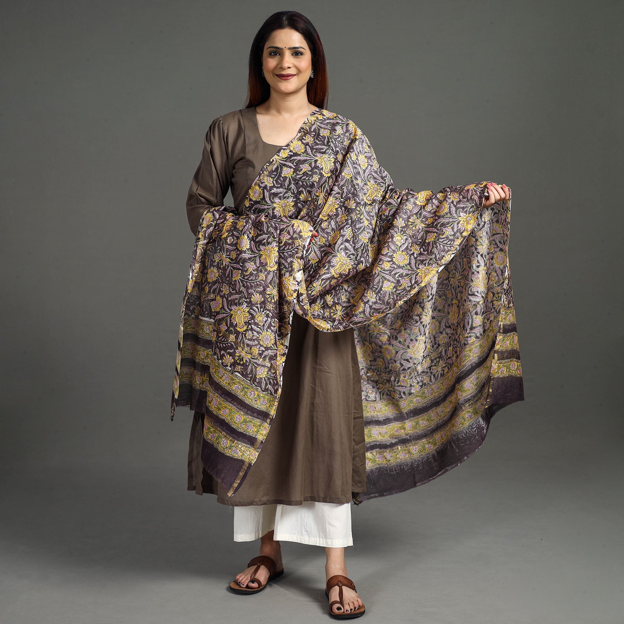 ARTISAN HAND BLOCK PRINTS Brown - Handloom Chanderi Silk Sanganeri Print Dupatta 37