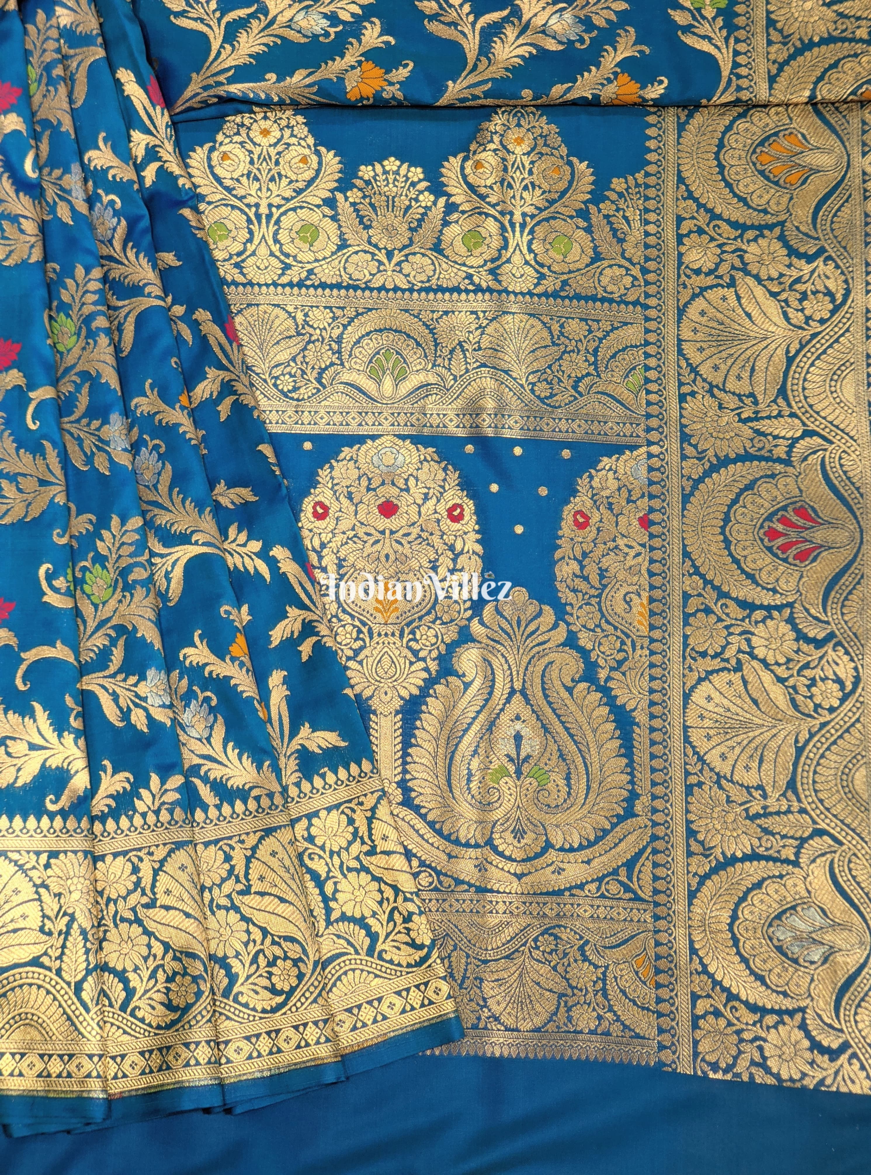 IndianVillèz Copper Sulfate Floral Design Pure Banarasi Katan Saree