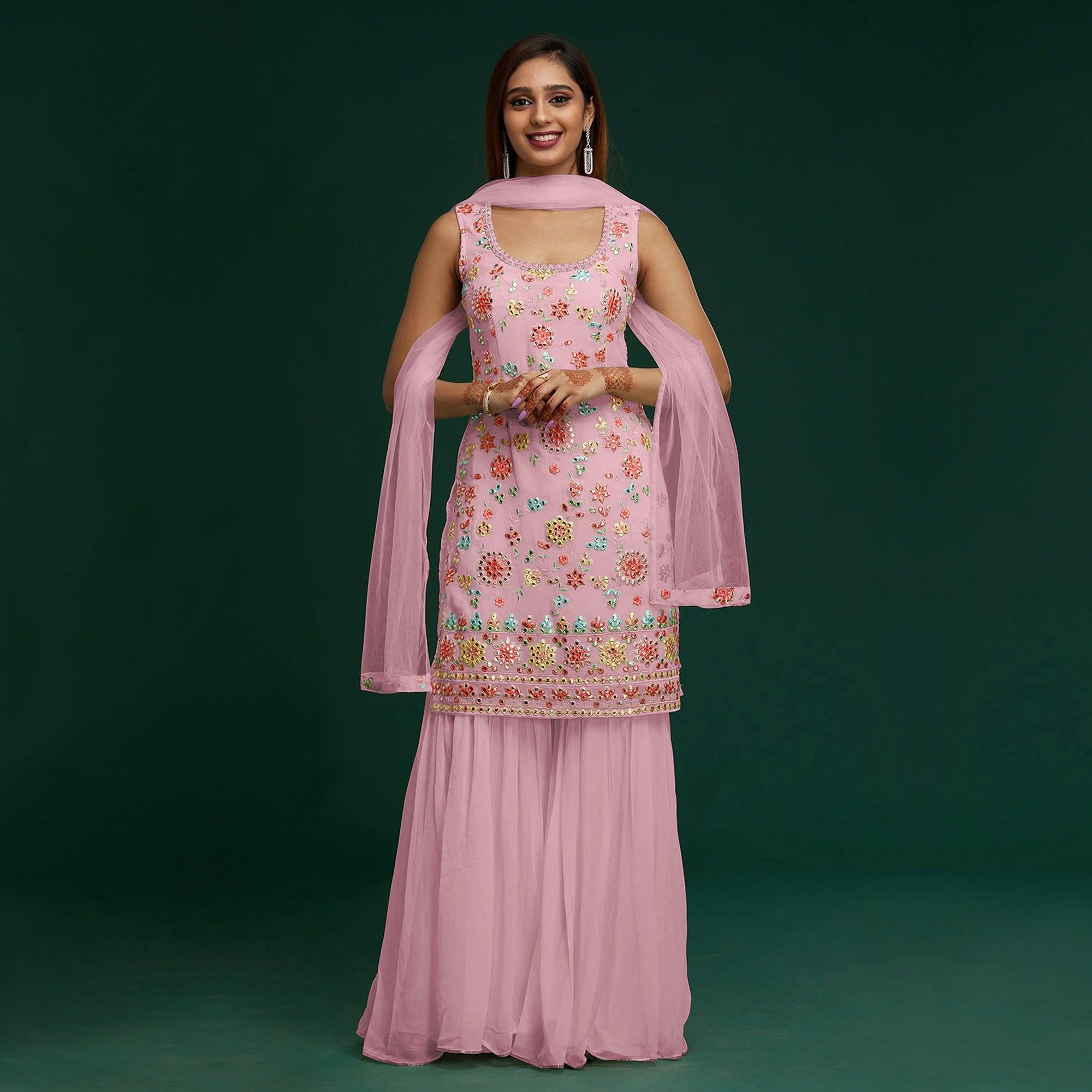 Peachmode Light Pink Floral Embroidered With Mirror Work Georgette Sharara Suit - view 2