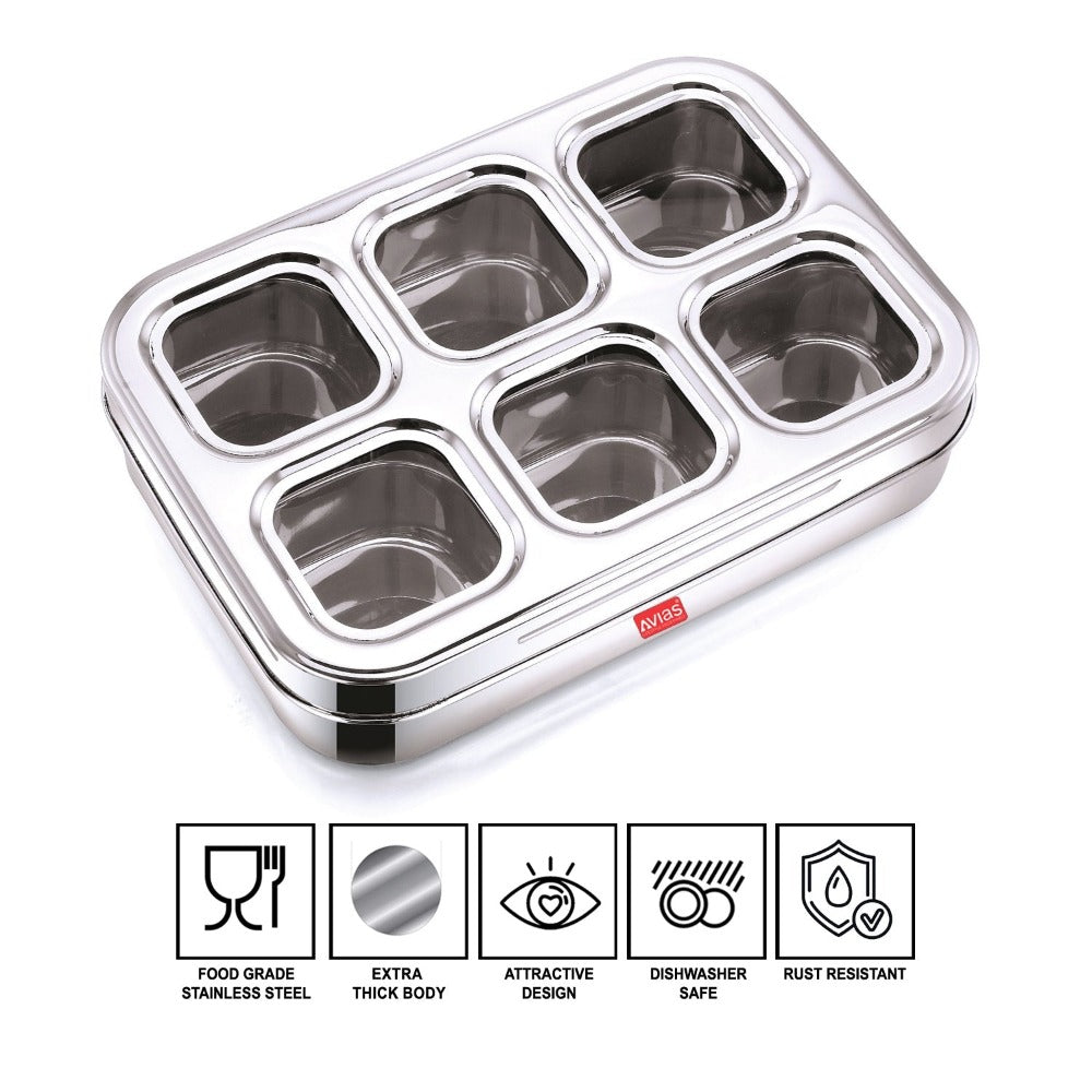 AVIAS Stainless Steel Dry Fruit Cum Spice Box Square Compartments with See-Through Lid | 6 Compartments and 1 Spoon | Silver & Blue - view 3