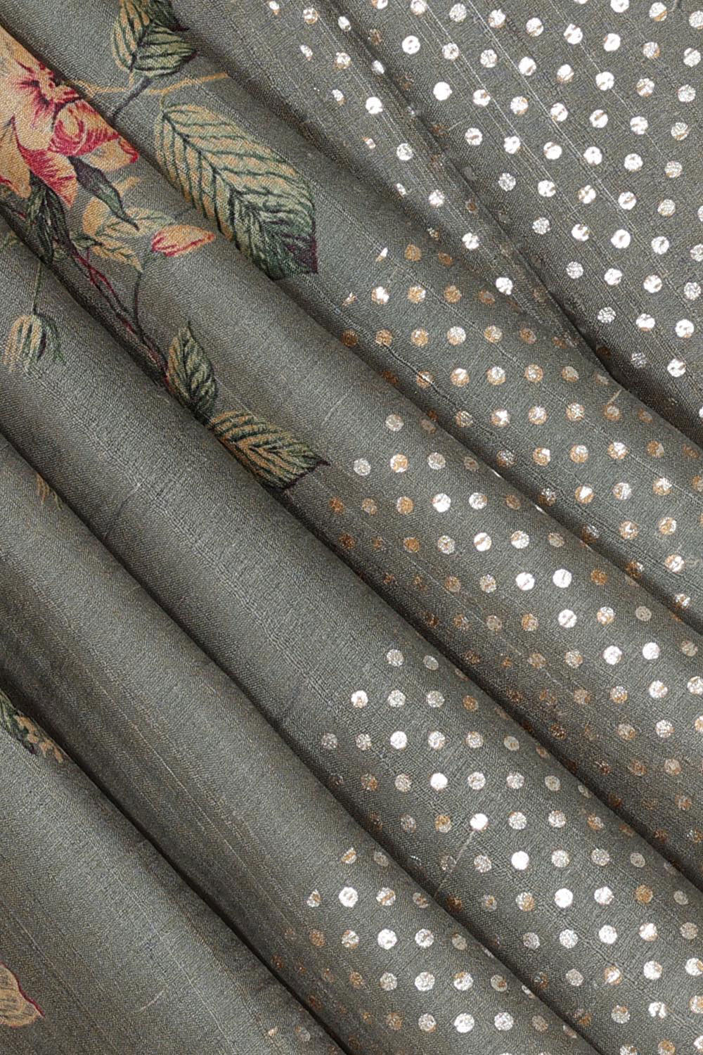 Kalanjali Grey Tussar Silk Saree With Flower Print - view 2