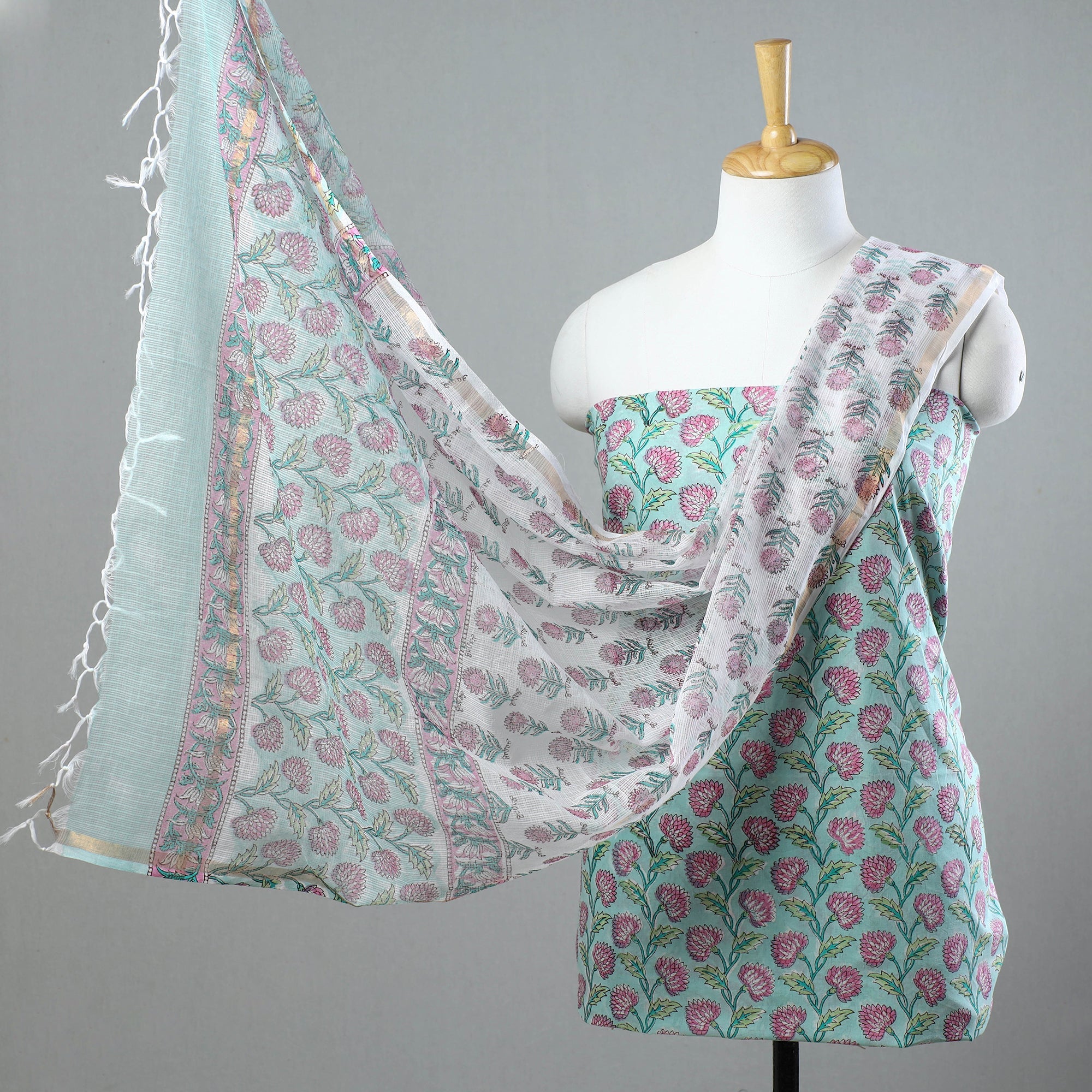 KUSUMLATA 3pc Sanganeri Block Printed Cotton Suit Material with Kota Doria Dupatta 13