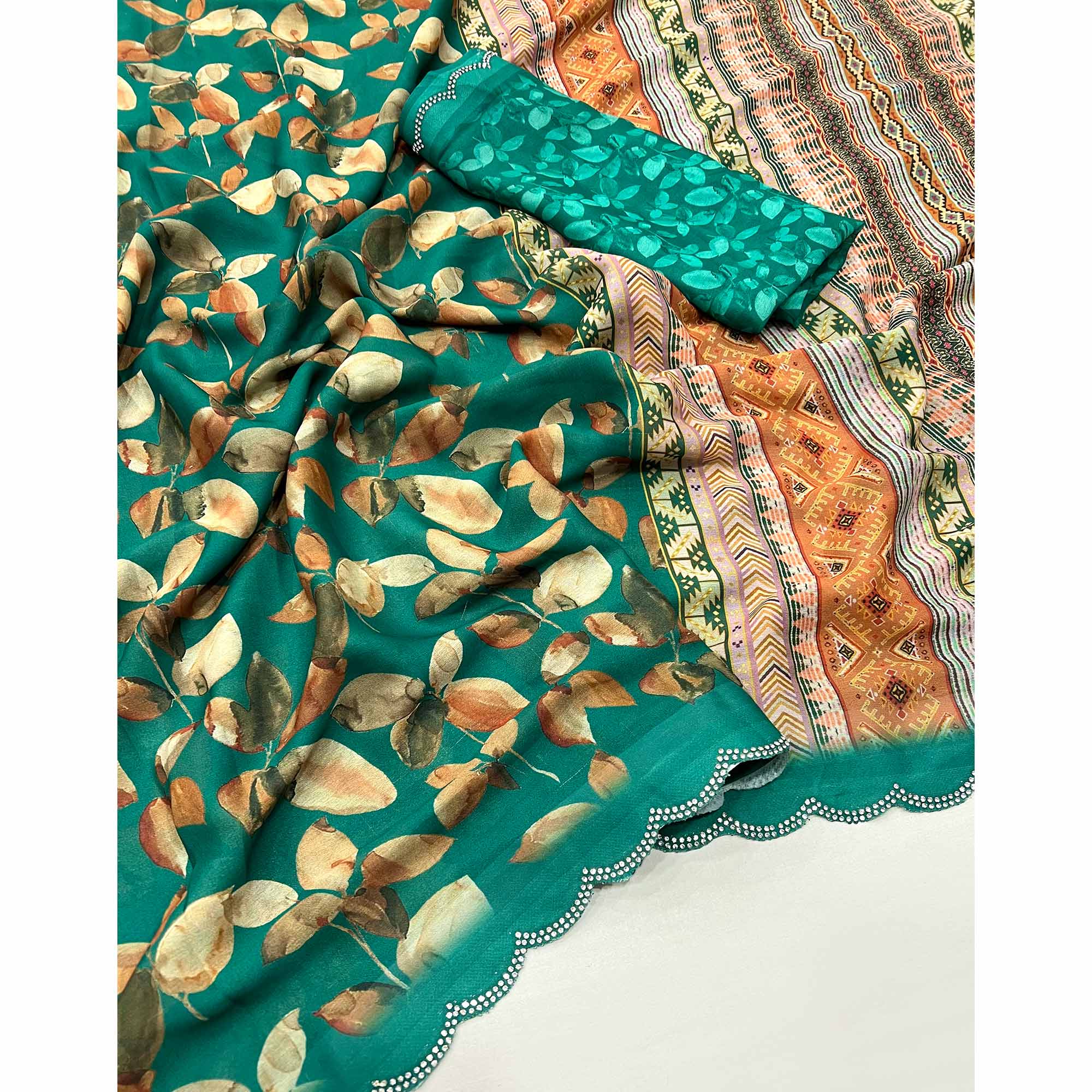 Peachmode Rama Green Floral Digital Printed Georgette Saree With Stonework Border - view 3