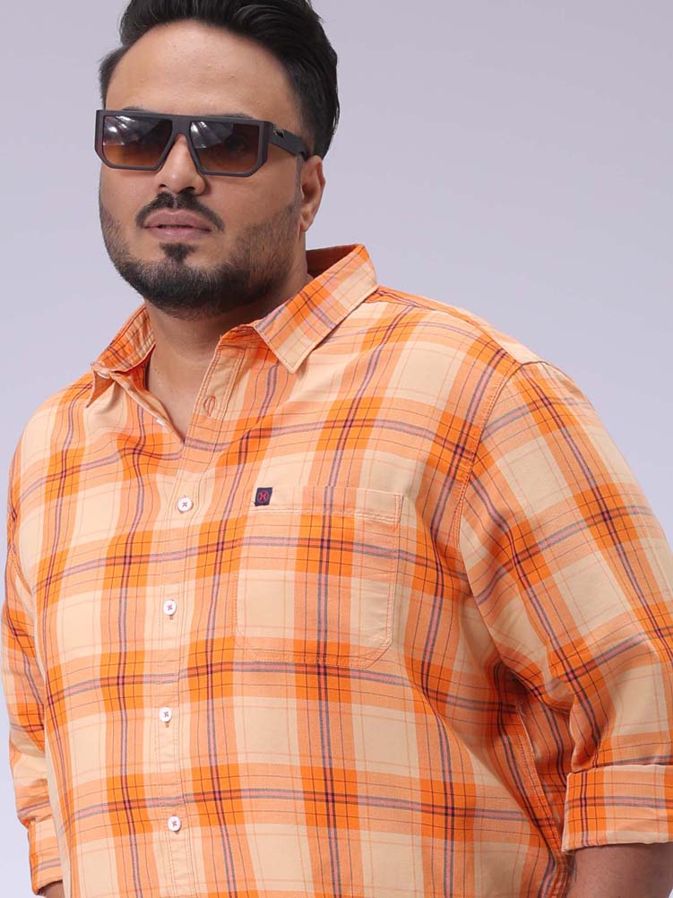 HARDSODA Men's Plus Size Orange Regular Fit Checked Casual Shirt