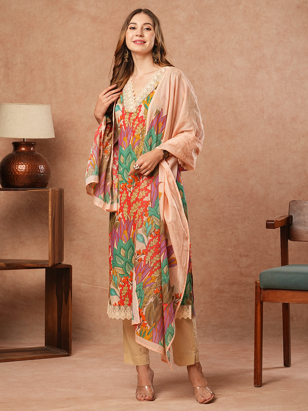FASHOR Floral Printed Resham Embroidered Lace Work Kurta with Pants & Dupatta - Multi - view 5