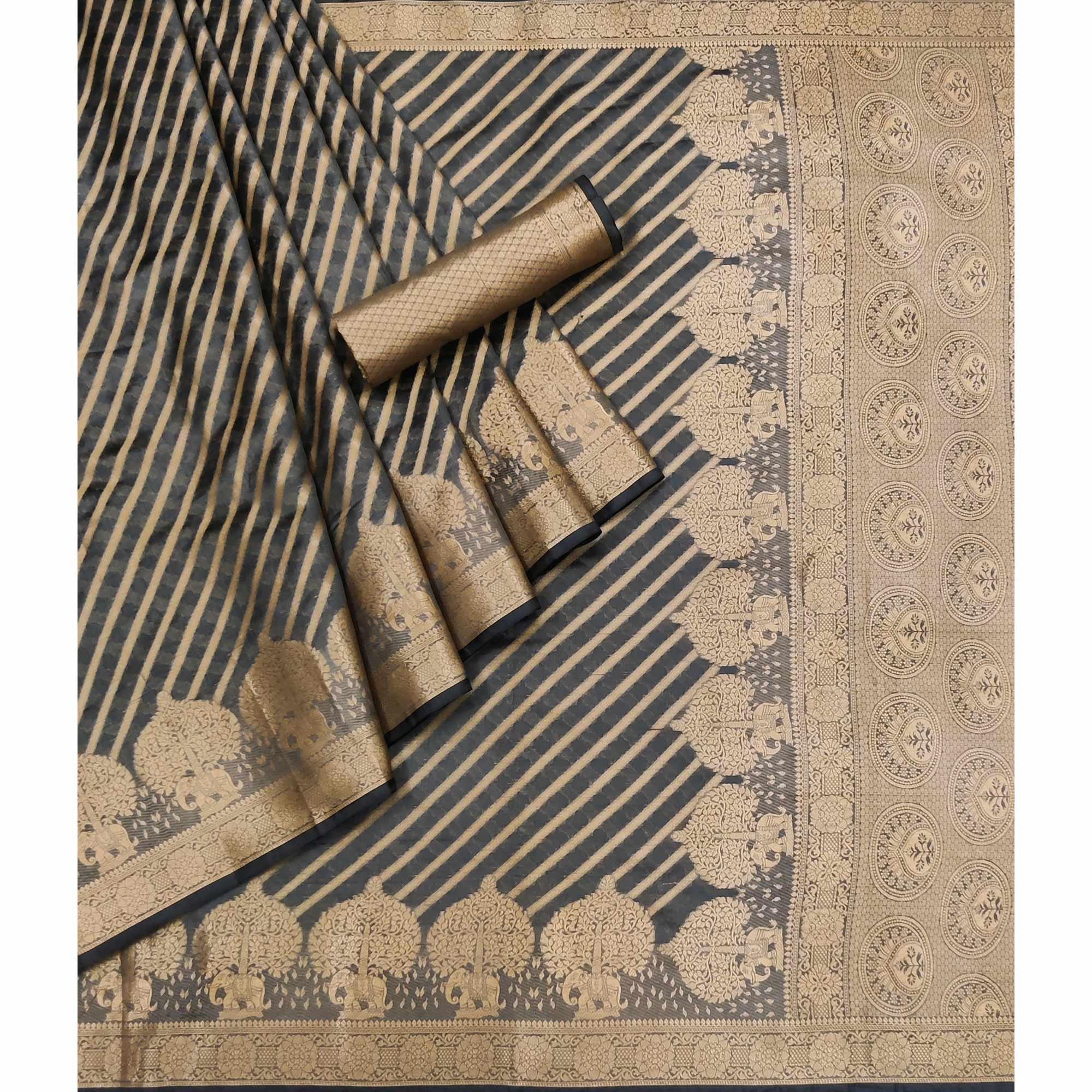 Peachmode Grey Woven Organza Saree – Women's - view 3