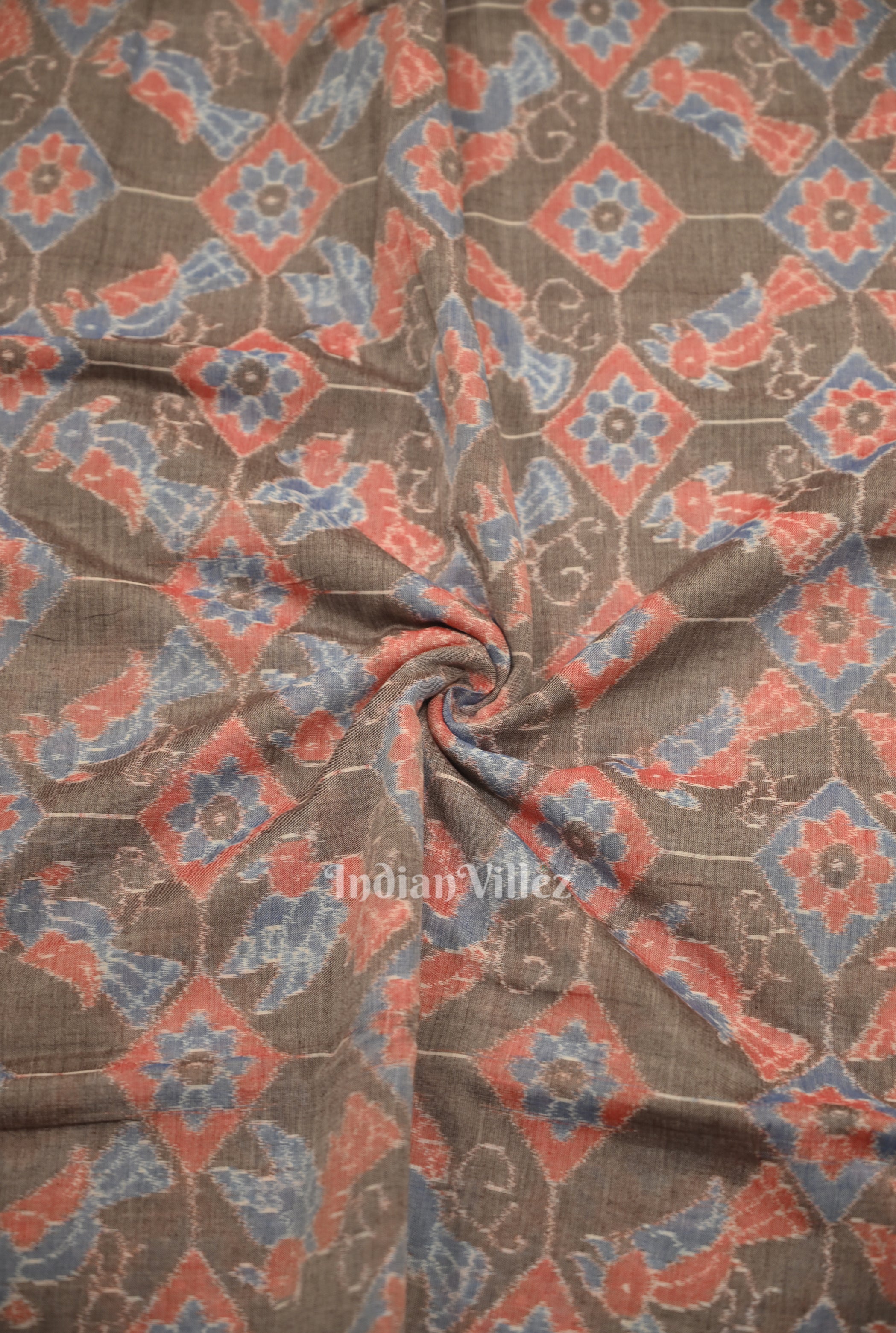 IndianVillèz Gray Floral Bird Theme Sambalpuri Odisha Ikat Cotton Fabric