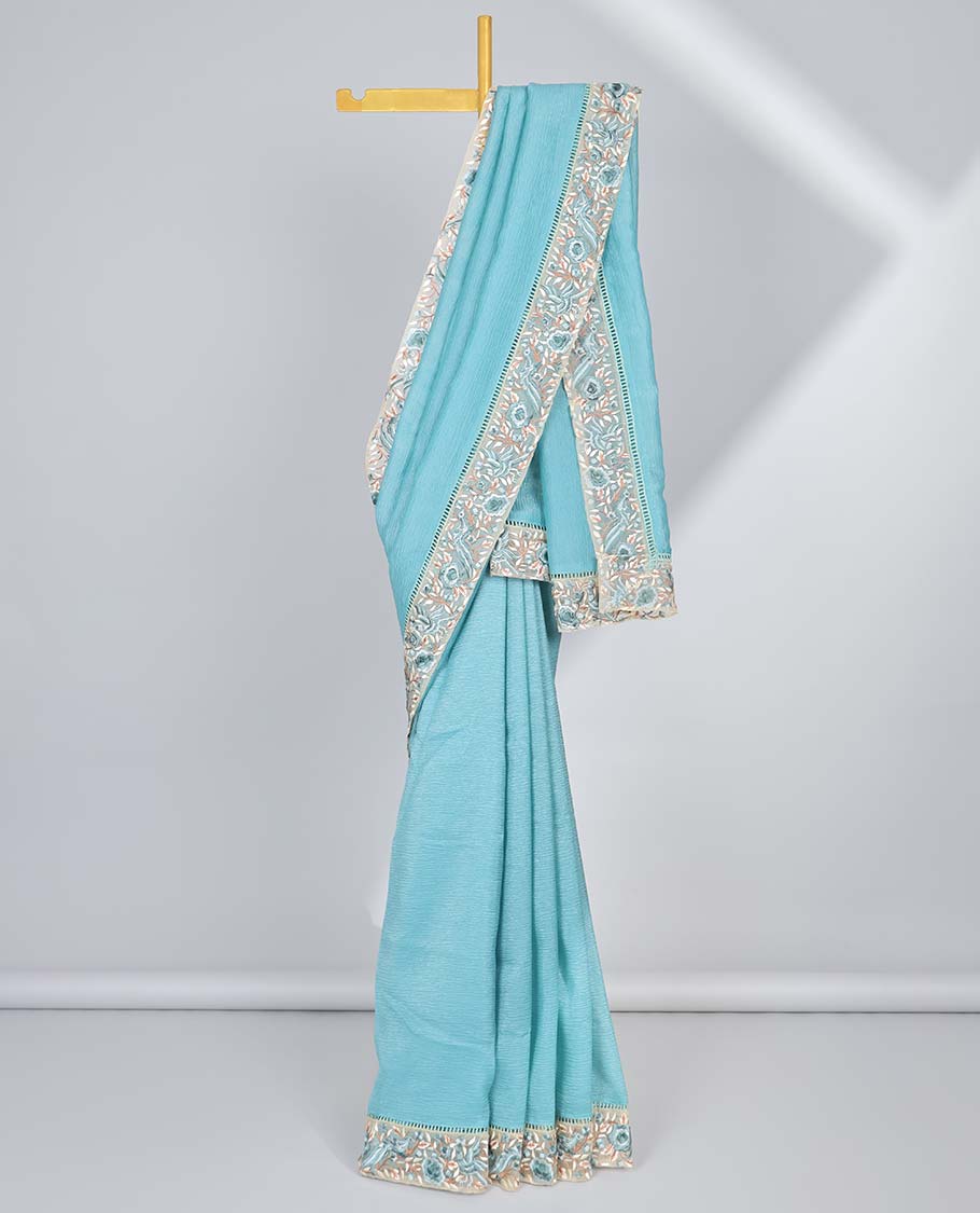 Pothys Blue plain design crushed tissue saree, contrast floral & bird embroidery border