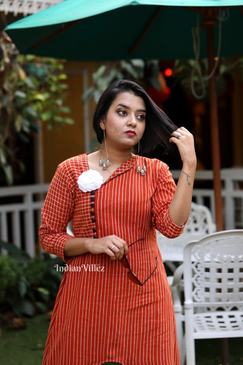 IndianVillèz Orange Stripes Kotpad Organic Cotton Kurti for Women - view 3
