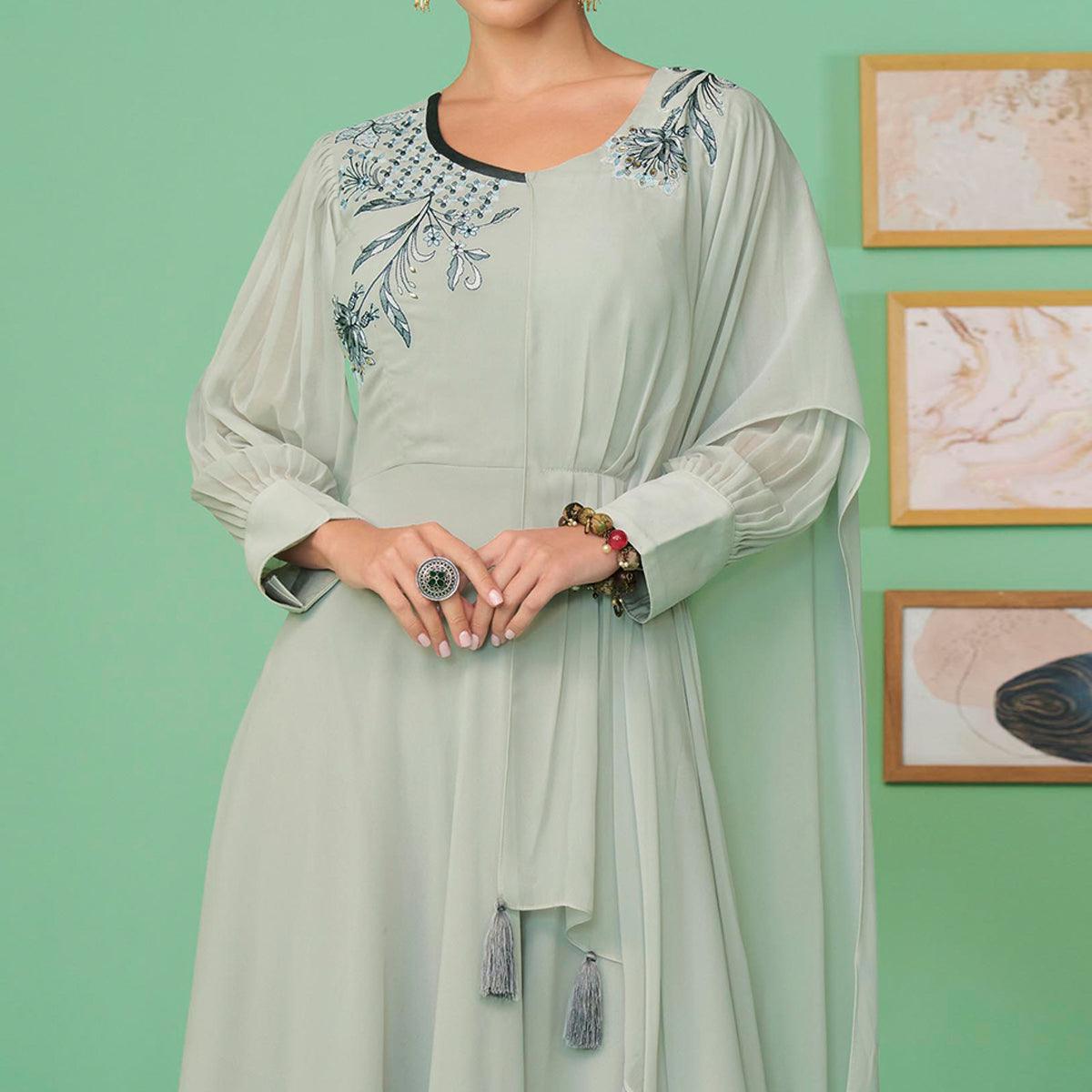 Peachmode Light Green Embroidered Georgette Gown - view 2