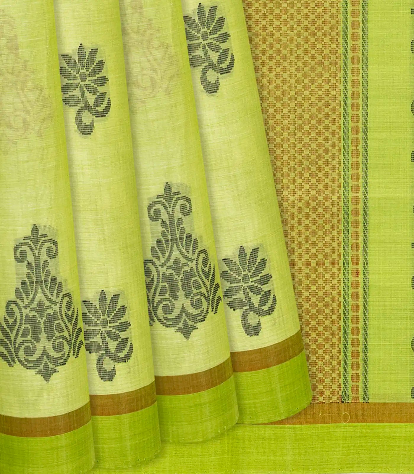 RmKV Pista Green Handloom Village Cotton Saree With Flower Motifs-Pista Green