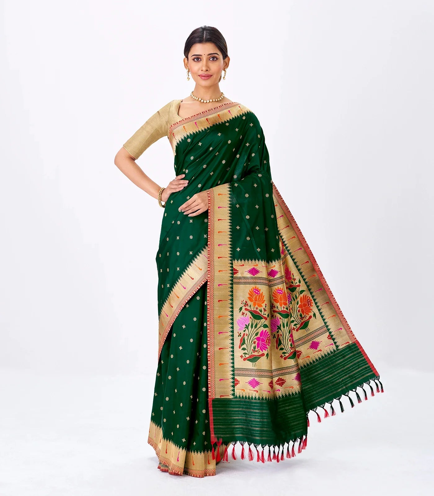 RmKV Bottle Green Handwoven Banarasi Silk Saree With Floral Buttas