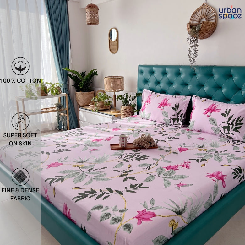 Urban Space -Home Furnishing Store Serene 200 TC 100% Cotton Single Printed Bedsheet with Pillow Covers - Bloom Ray Pink - view 2