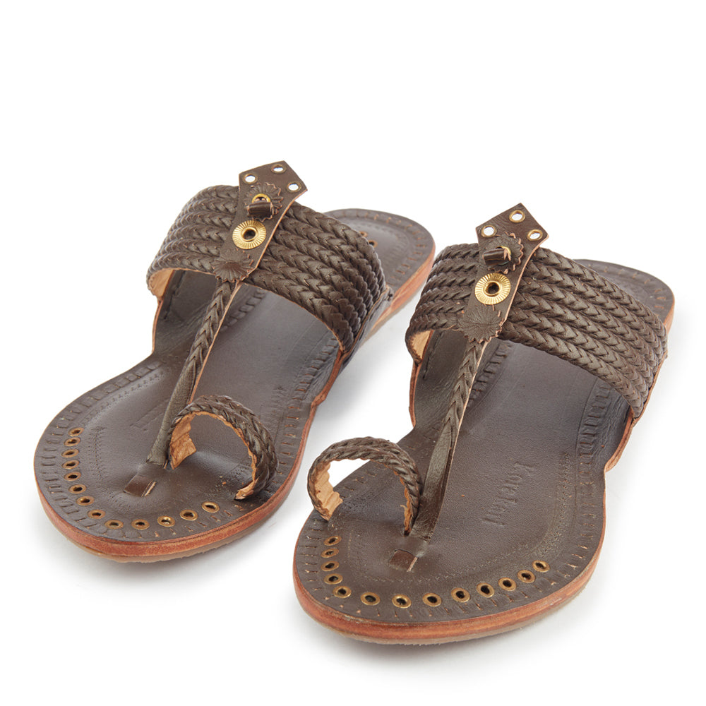 KORAKARI Brown Handstitched Leather Kolhapuri Women Slipper