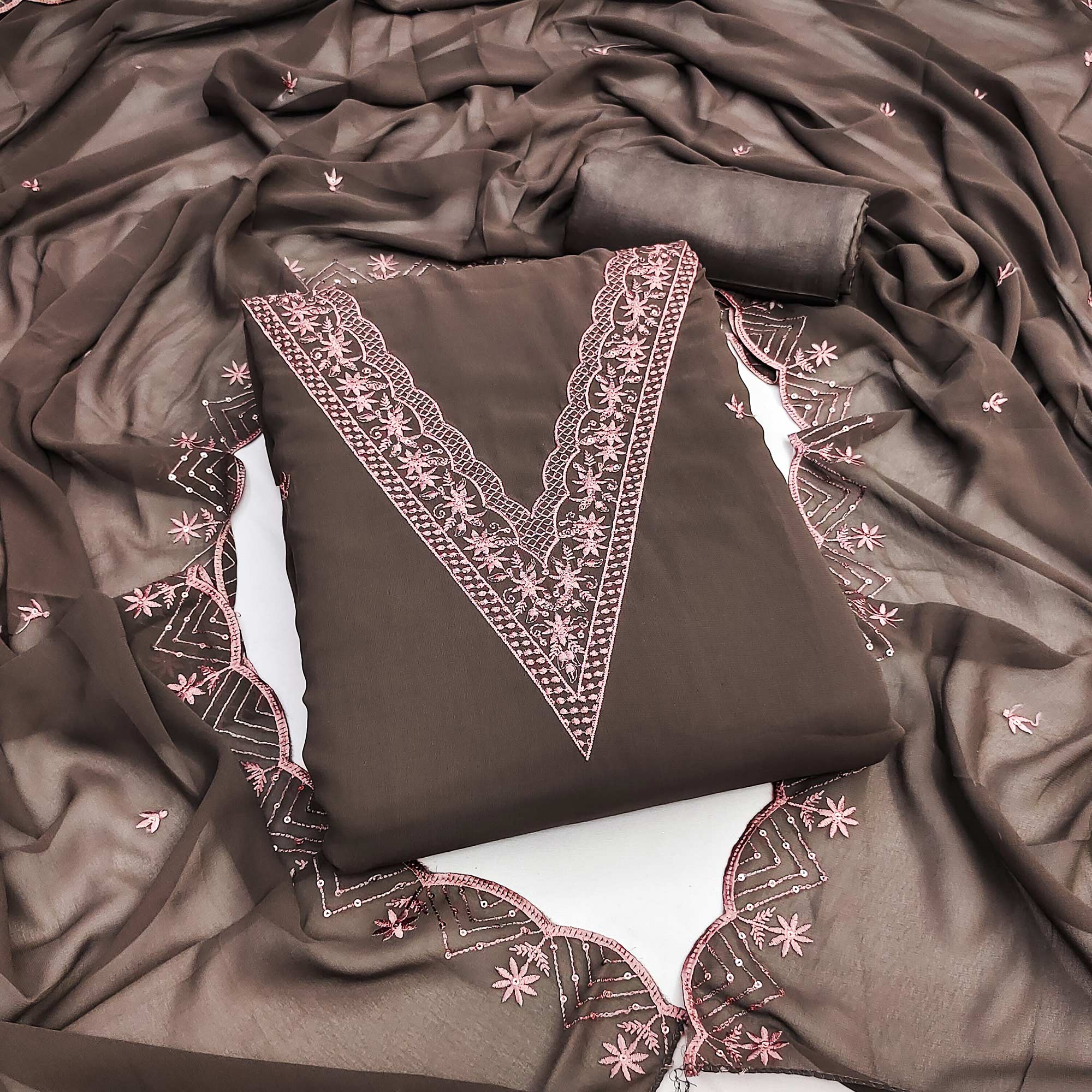 Peachmode Brown Floral Embroidered Georgette Dress Material