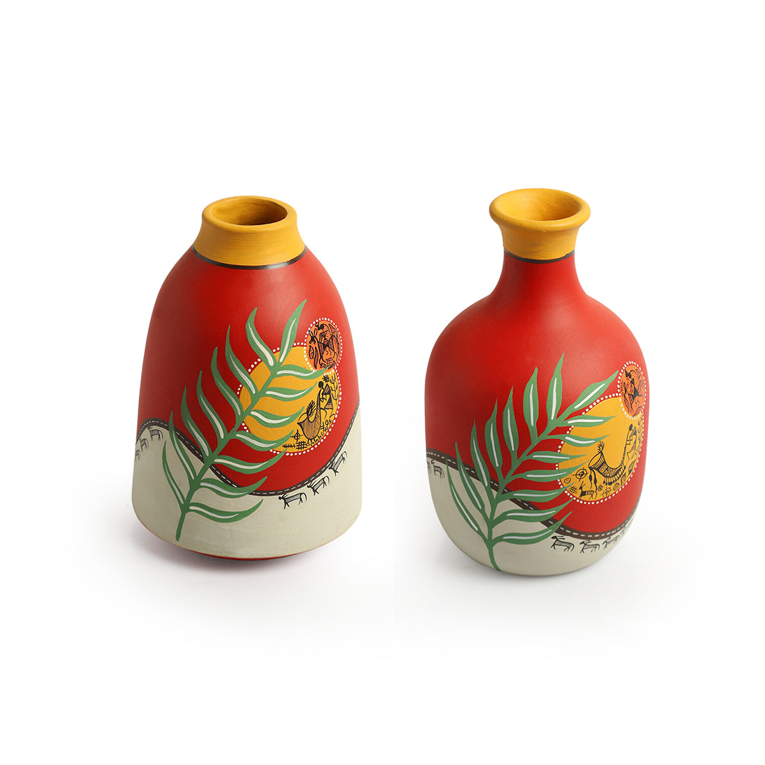 EXCLUSIVELANE 'Leafy Warli Tales' Hand-Painted Terracotta Vases (Set of 2, Red) - view 2