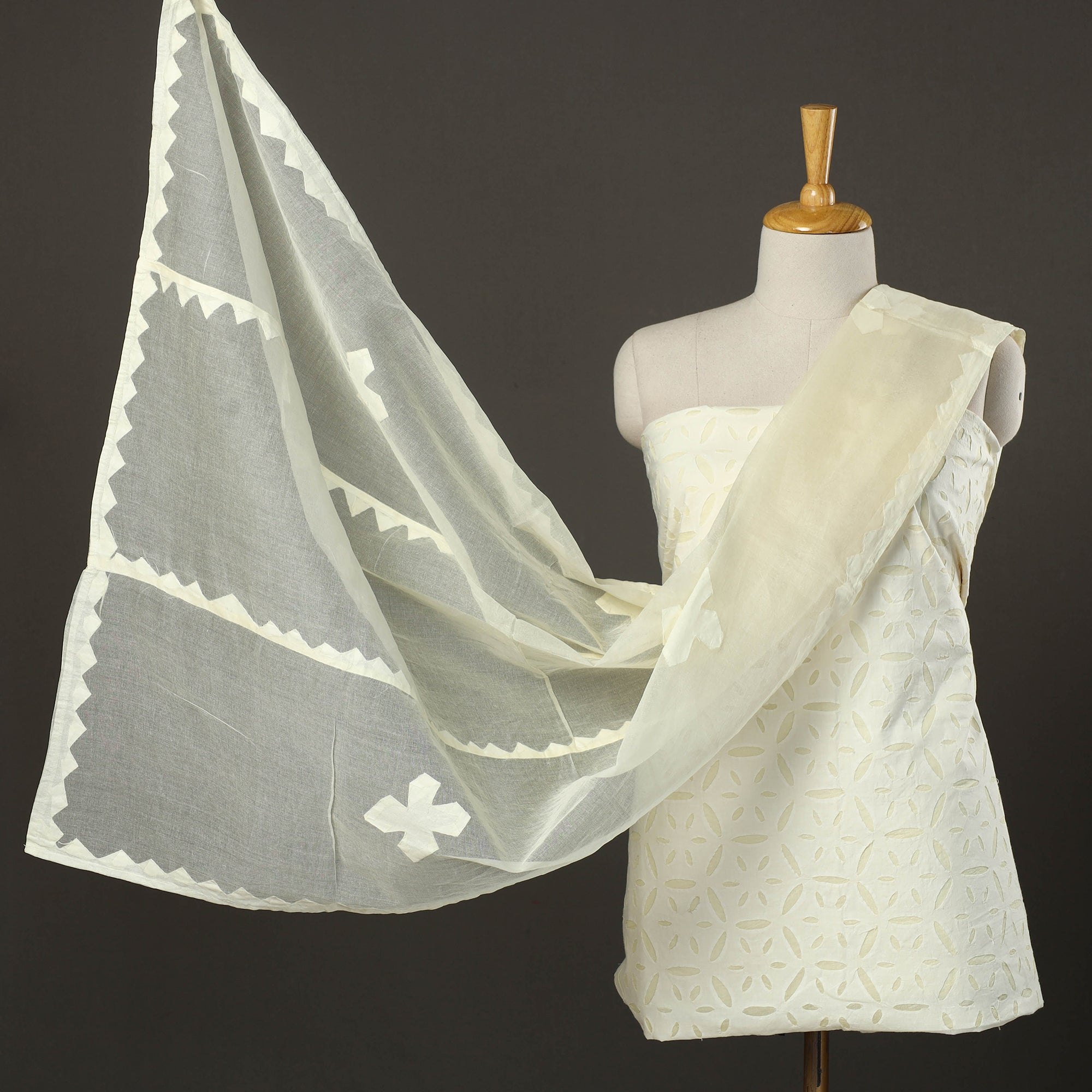 SHADES OF MARUDHARA White - 3pc Cut Work Cotton Barmer Applique Dress Material 44