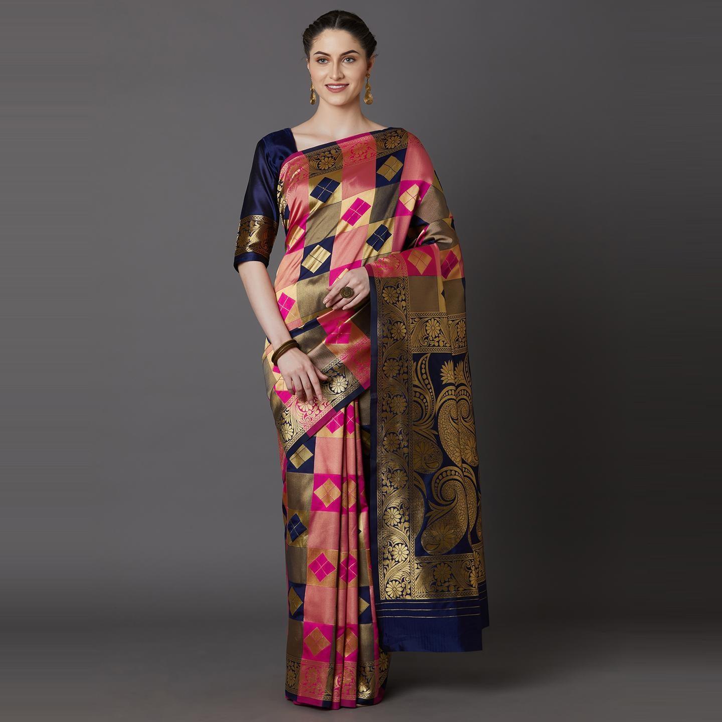 Peachmode Energetic Navy Blue - Pink Colored Festive Wear Woven Silk Blend Saree