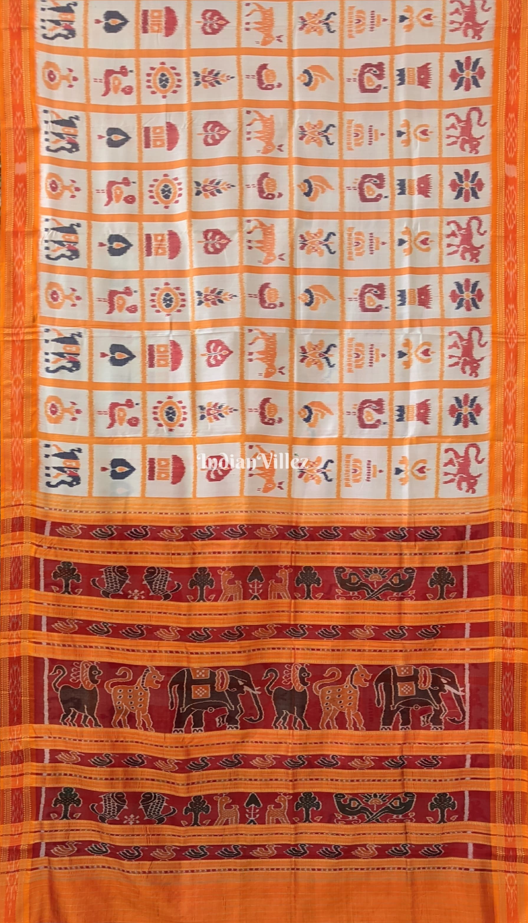 IndianVillèz White Yellow Nabakothi Khandua Silk Saree with Animal Anchal