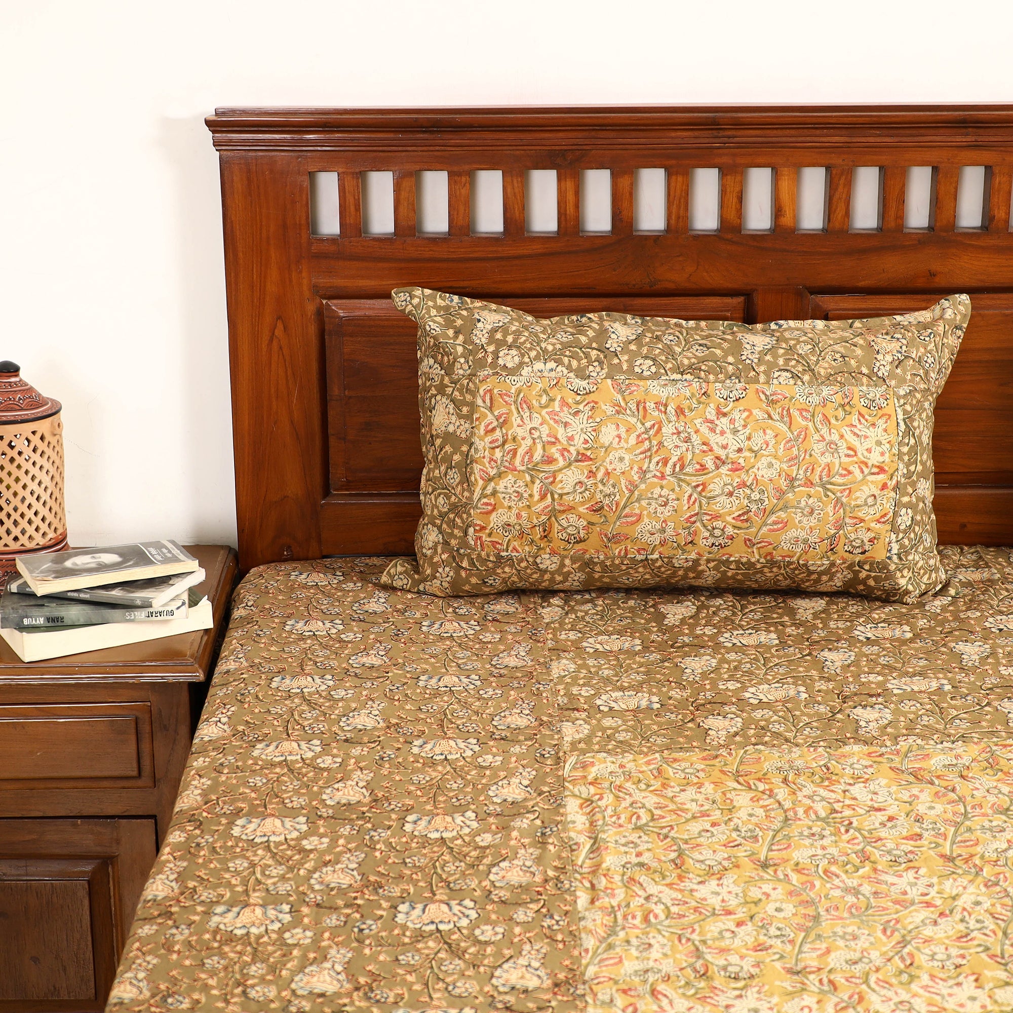 NOORI BAZAR Brown - Kalamkari Block Printed Patchwork Cotton Double Bed Cover With Pillow Covers (108 x 90 in) - view 4