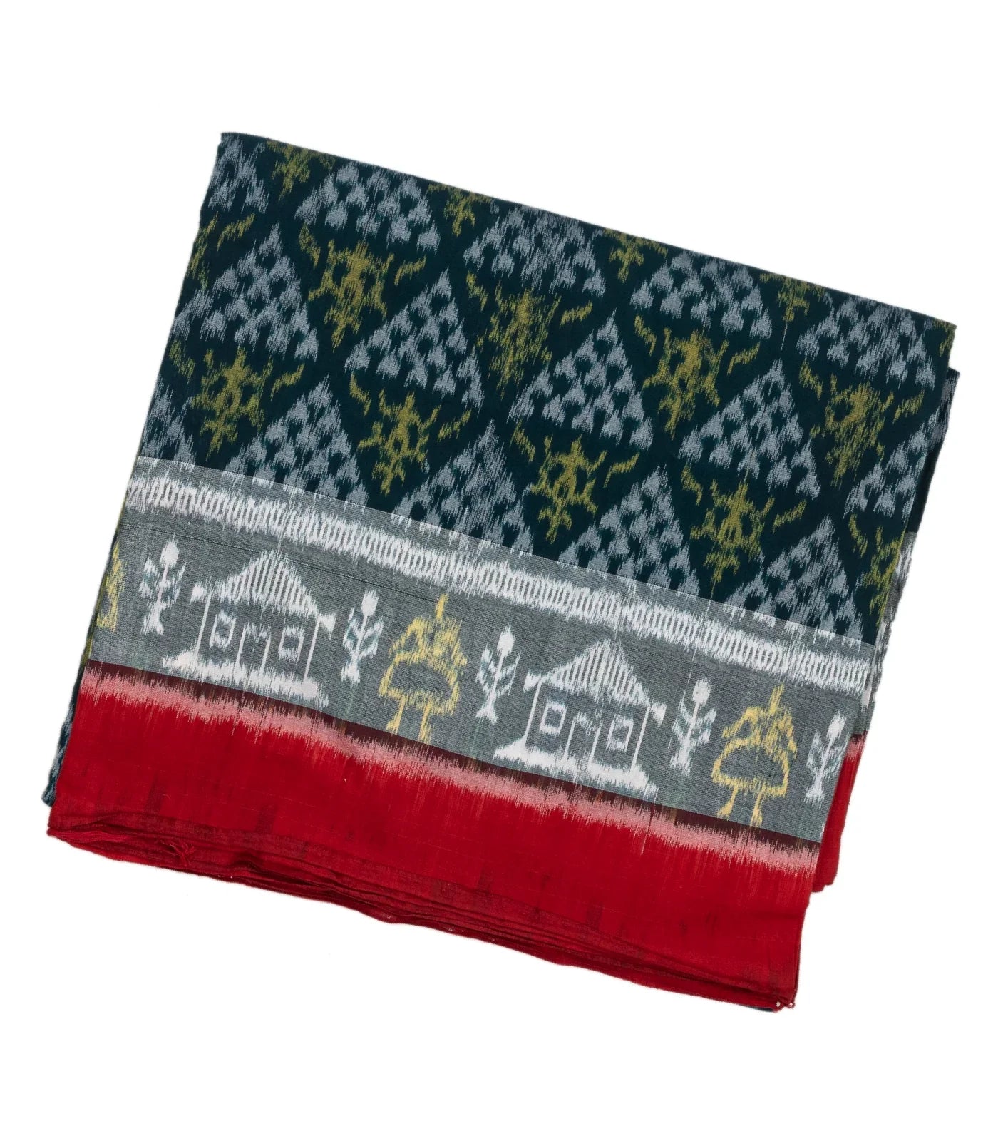 RmKV Sea Green Handwoven Orissa Cotton Saree With Tie & Dye Triangle Motifs