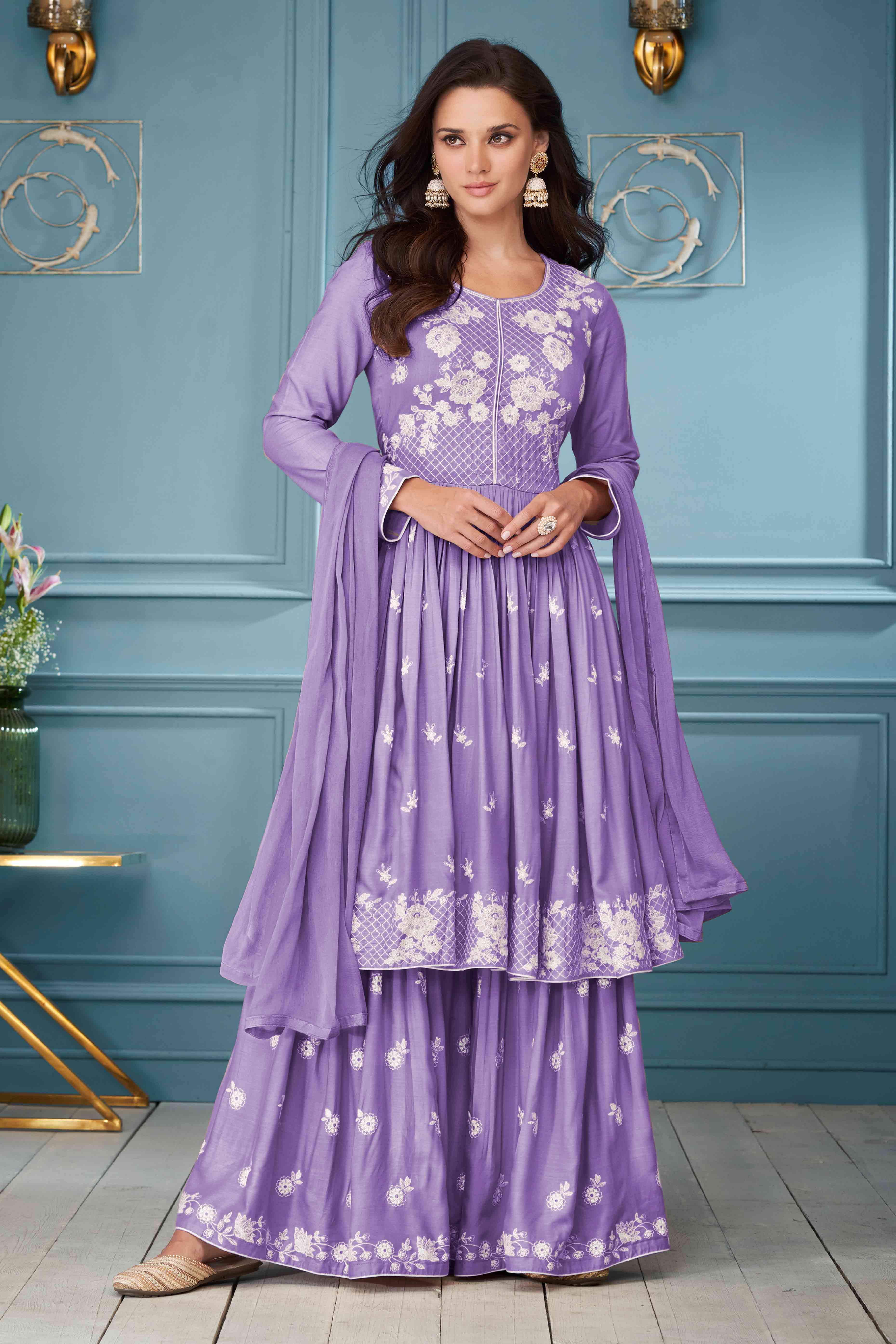 Peachmode Lavender Lucknowi Embroidered Rayon Palazzo Suit