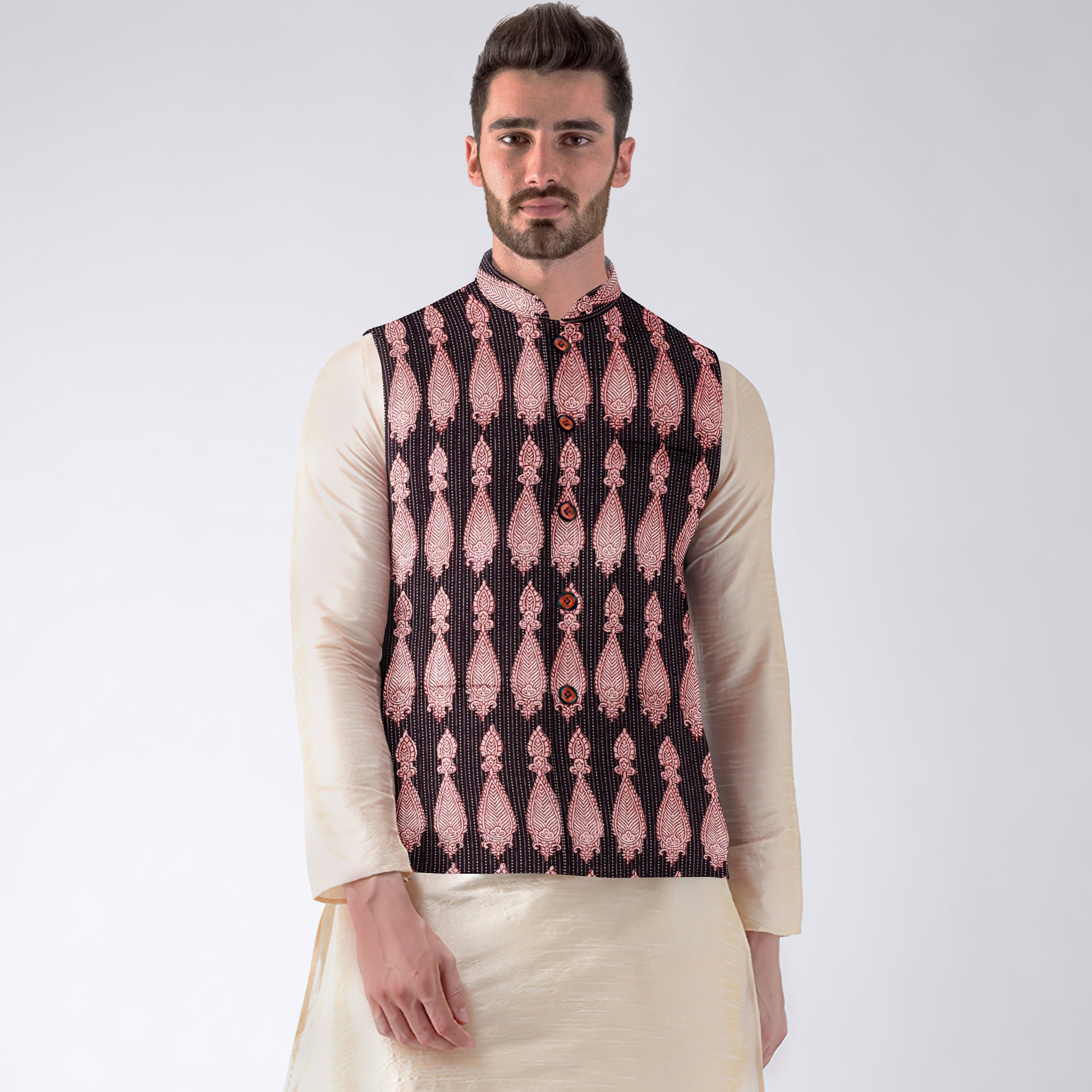 ITOKRI CASUALS Black - Men Nehru Jacket in Bagh Block Printing