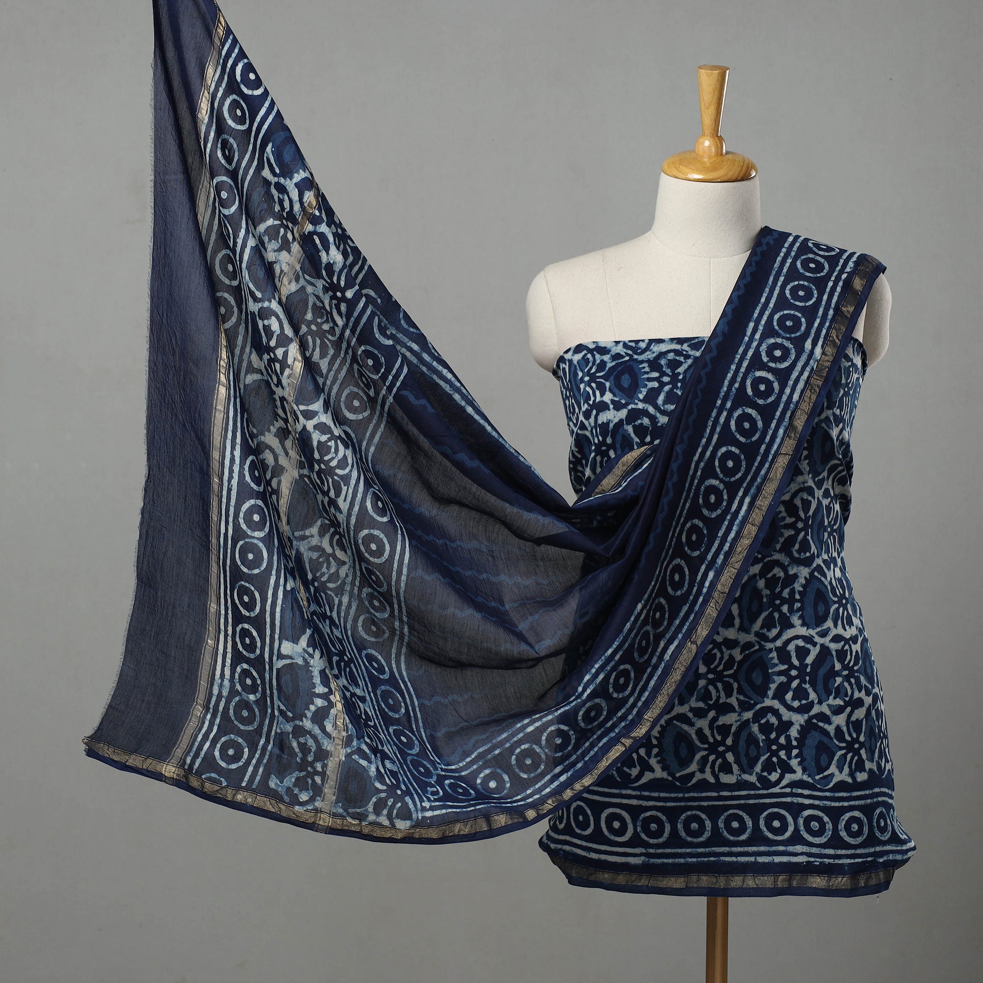ARTISAN HAND BLOCK PRINTS Blue - 3pc Chanderi Silk Indigo Bagru Print Dress Material 05