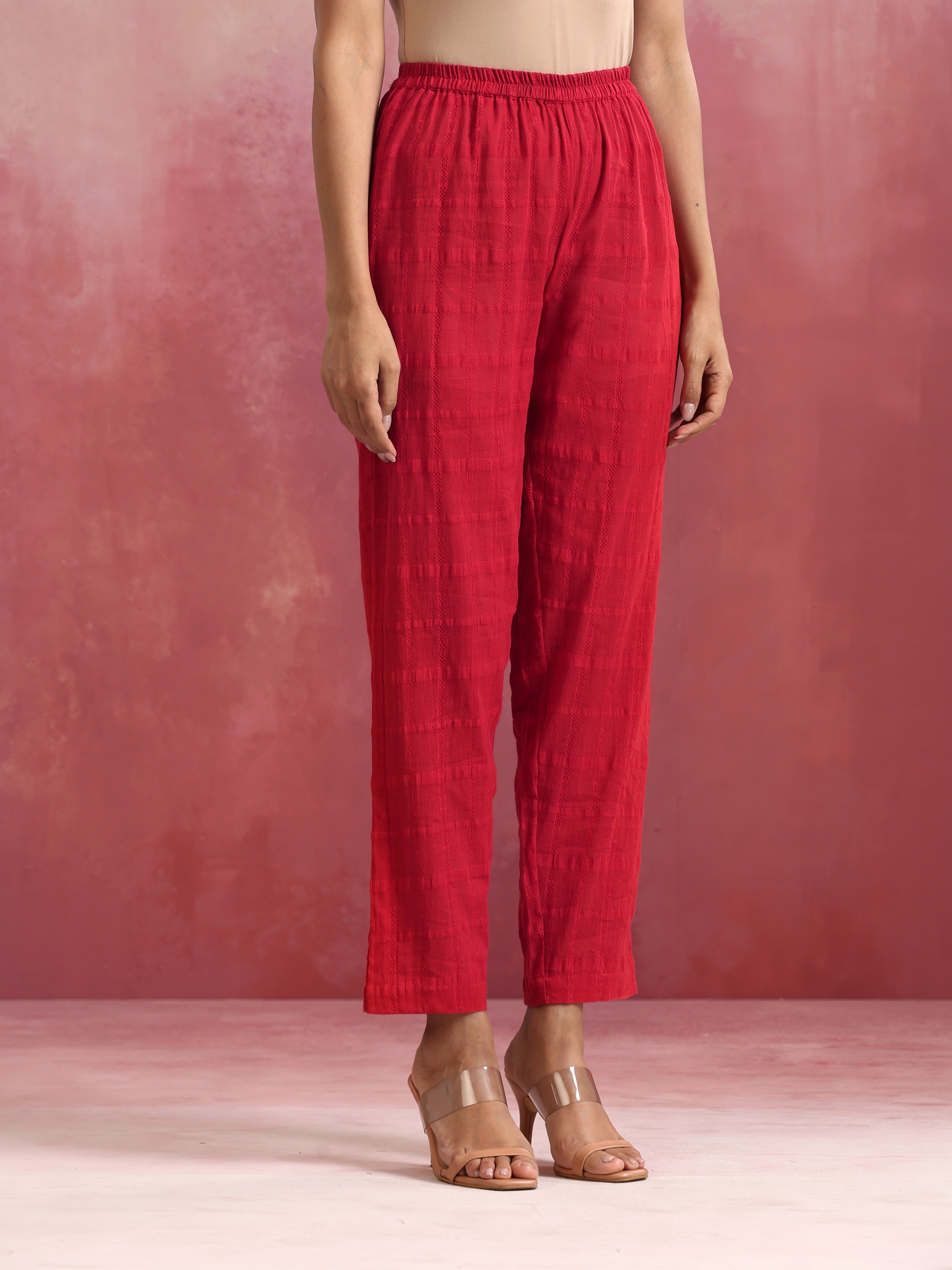 trueBrowns Red Cotton Dobby Flared Kurta Set - view 7