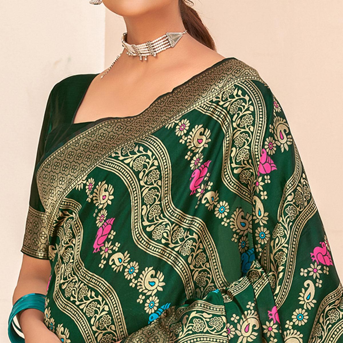 Peachmode Dark Green Festive Wear Banarasi with Patola Woven Banarasi Silk saree - view 4