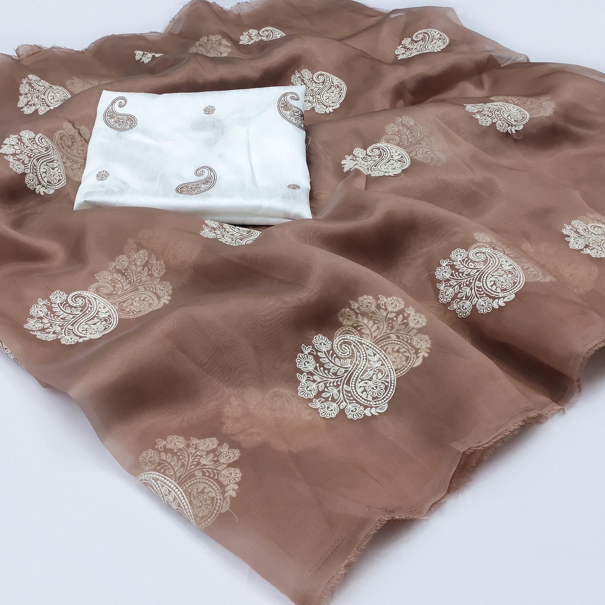 Peachmode Brown Embroidered Organza Saree – Women's