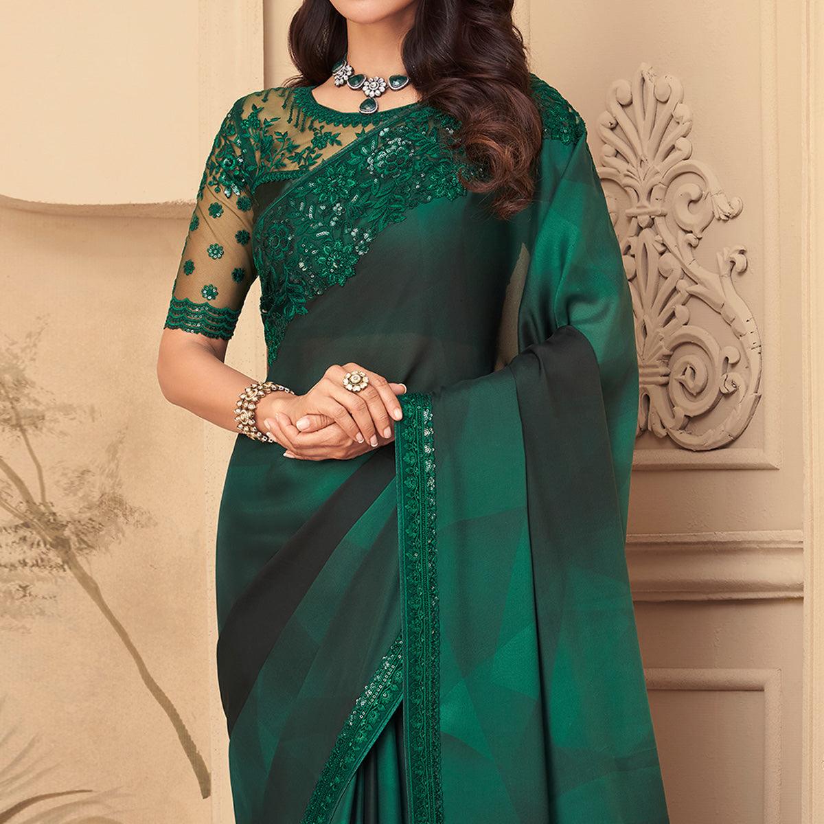 Peachmode Bottle green Floral Sequins Embroidered Art Silk Saree - view 3
