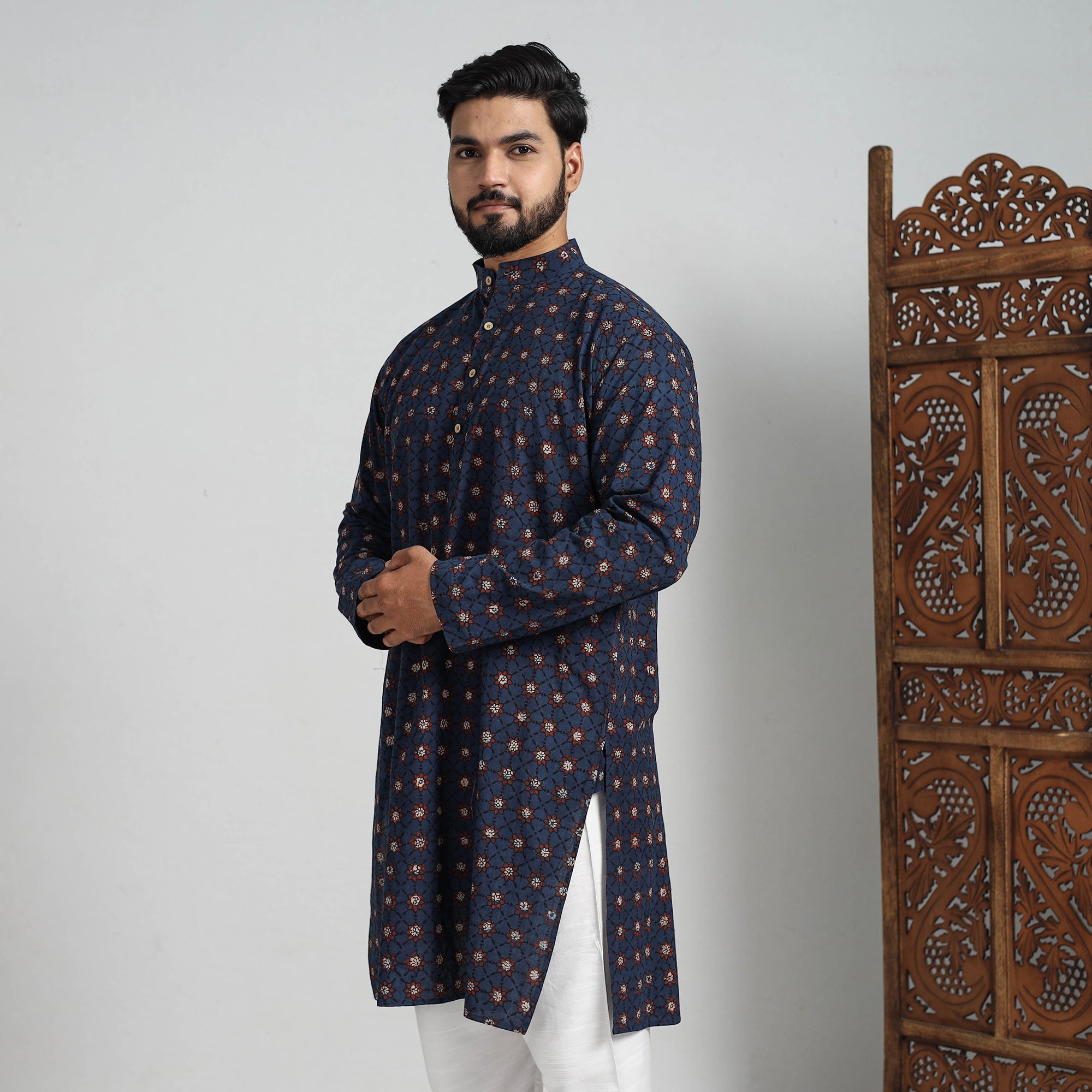 ITOKRI CASUALS Ajrakh Block Printed Cotton Men Long Kurta 12 - view 4