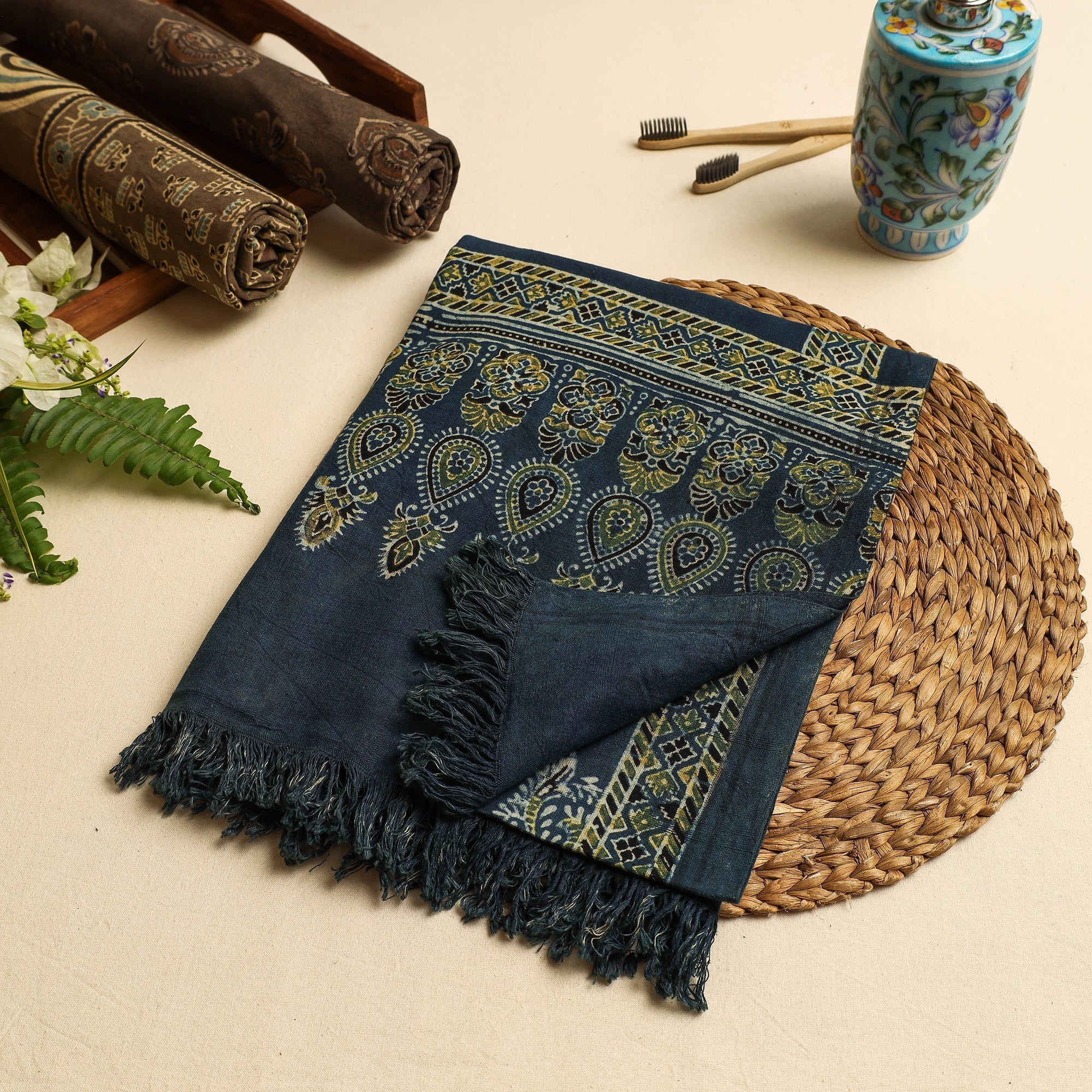KACHCHH JI CHHAAP Blue - Block Print Cotton Ajrakh Handloom Towel