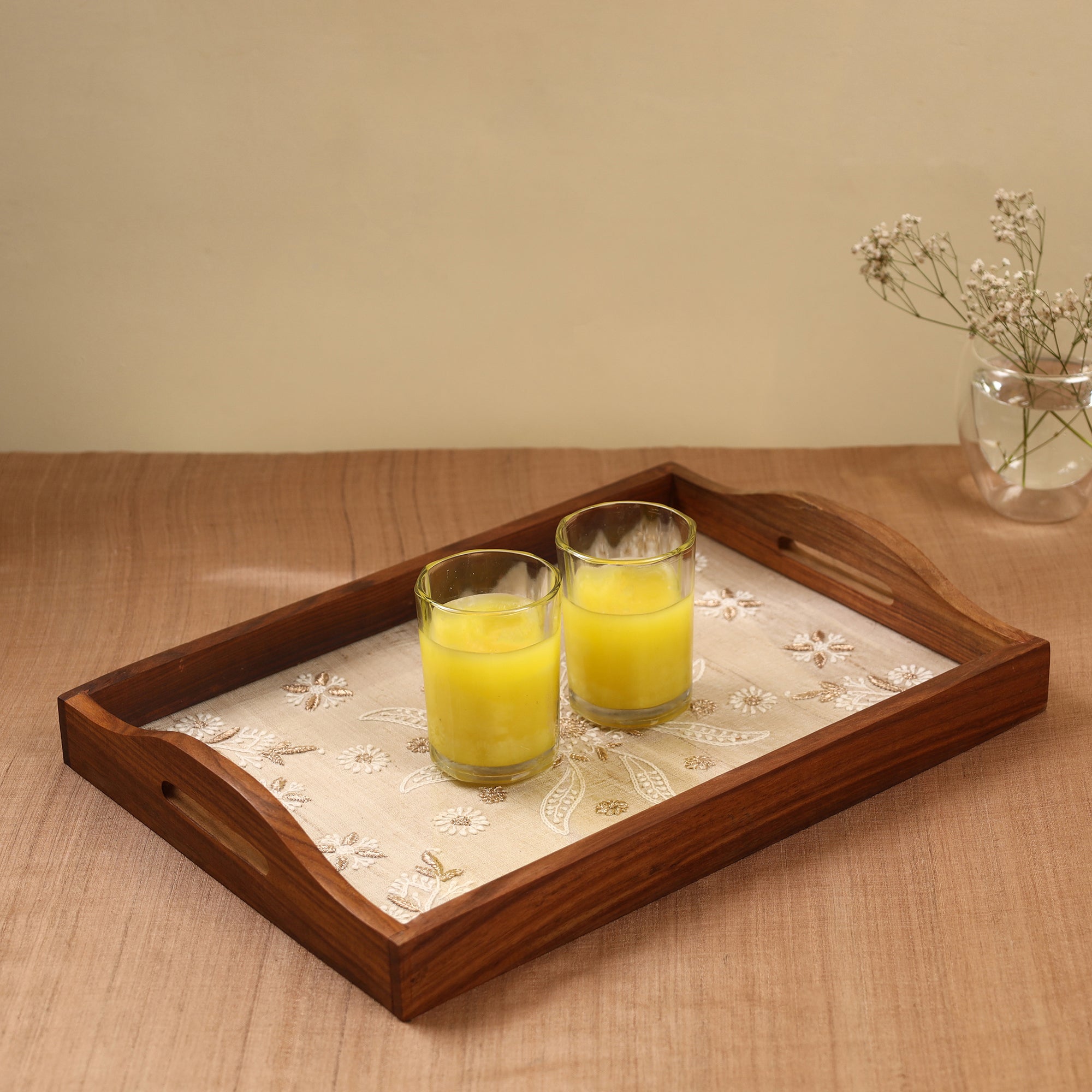 LAVANGG Beige - Chikankari Zari Hand Embroidered Sheesham Wood Tray