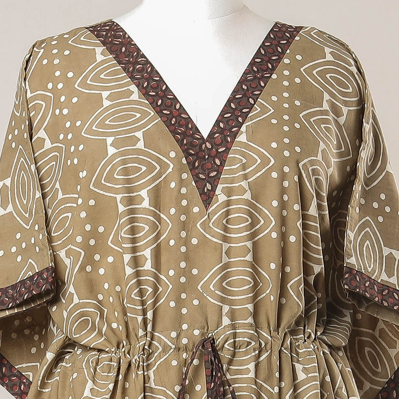 THE SAFFRON SAGA Brown - Pipad Hand Block Printed Cotton Kaftan with Tie-Up Waist (Long) - view 2