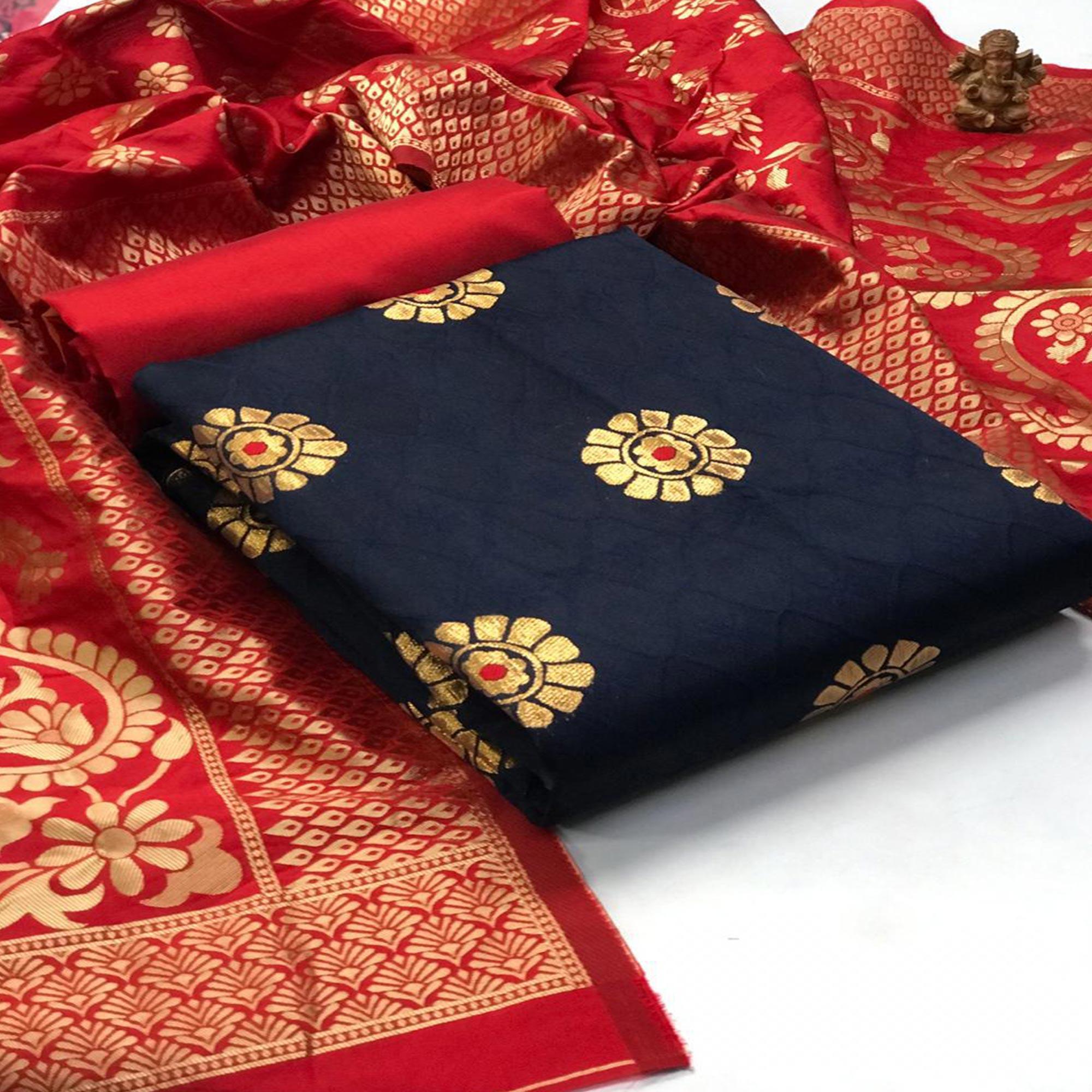 Peachmode Desirable Navy Blue Colored Festive Wear Woven Banarasi Silk Dress Material