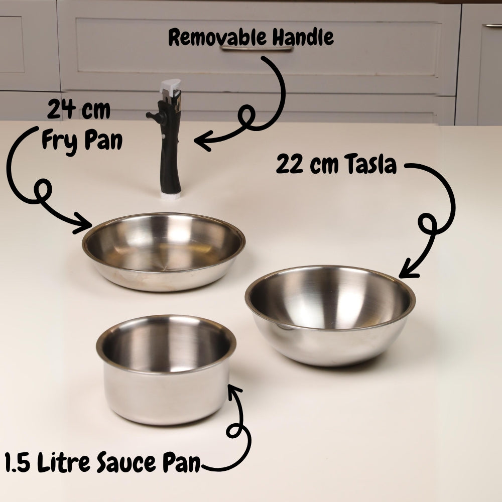 Softel Tri-Ply Cookware Combo with Removable Handle (Tasla + Fry Pan + Sauce Pan + Removable Handle) | Gas & Induction Compatible | Set of 4 Pcs - view 9