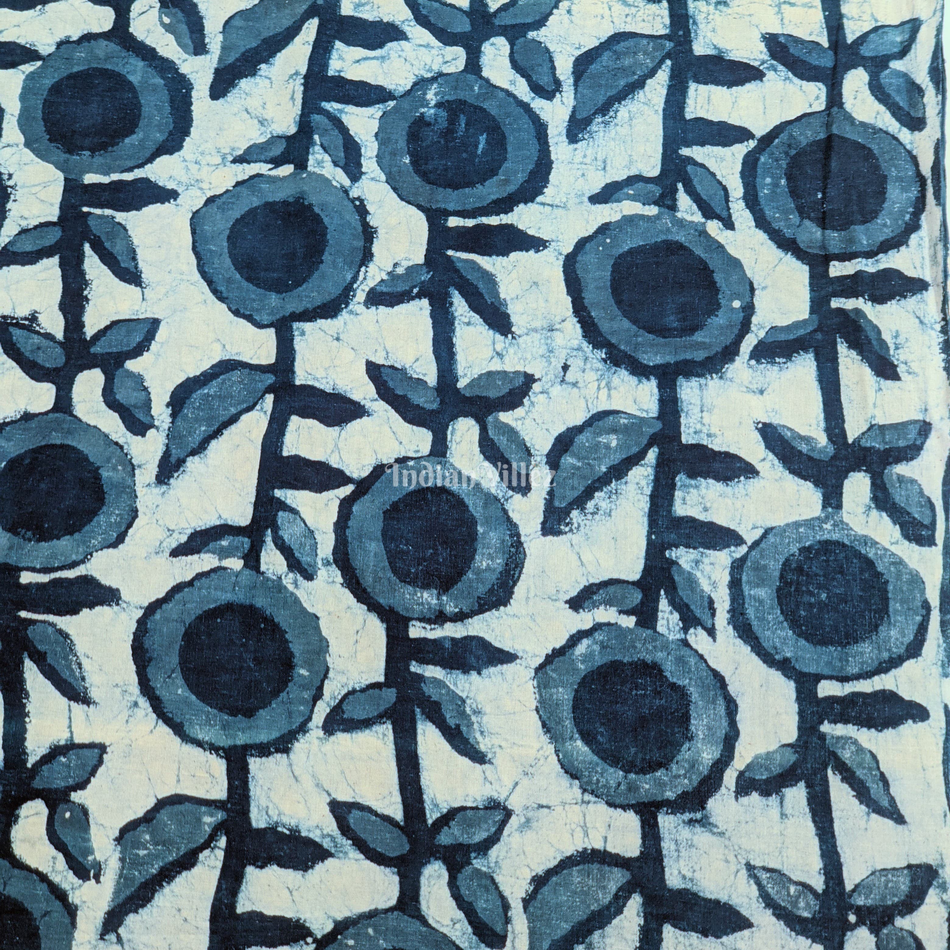 IndianVillèz White Blue Floral Hand Block Printed Cotton Fabric - view 2