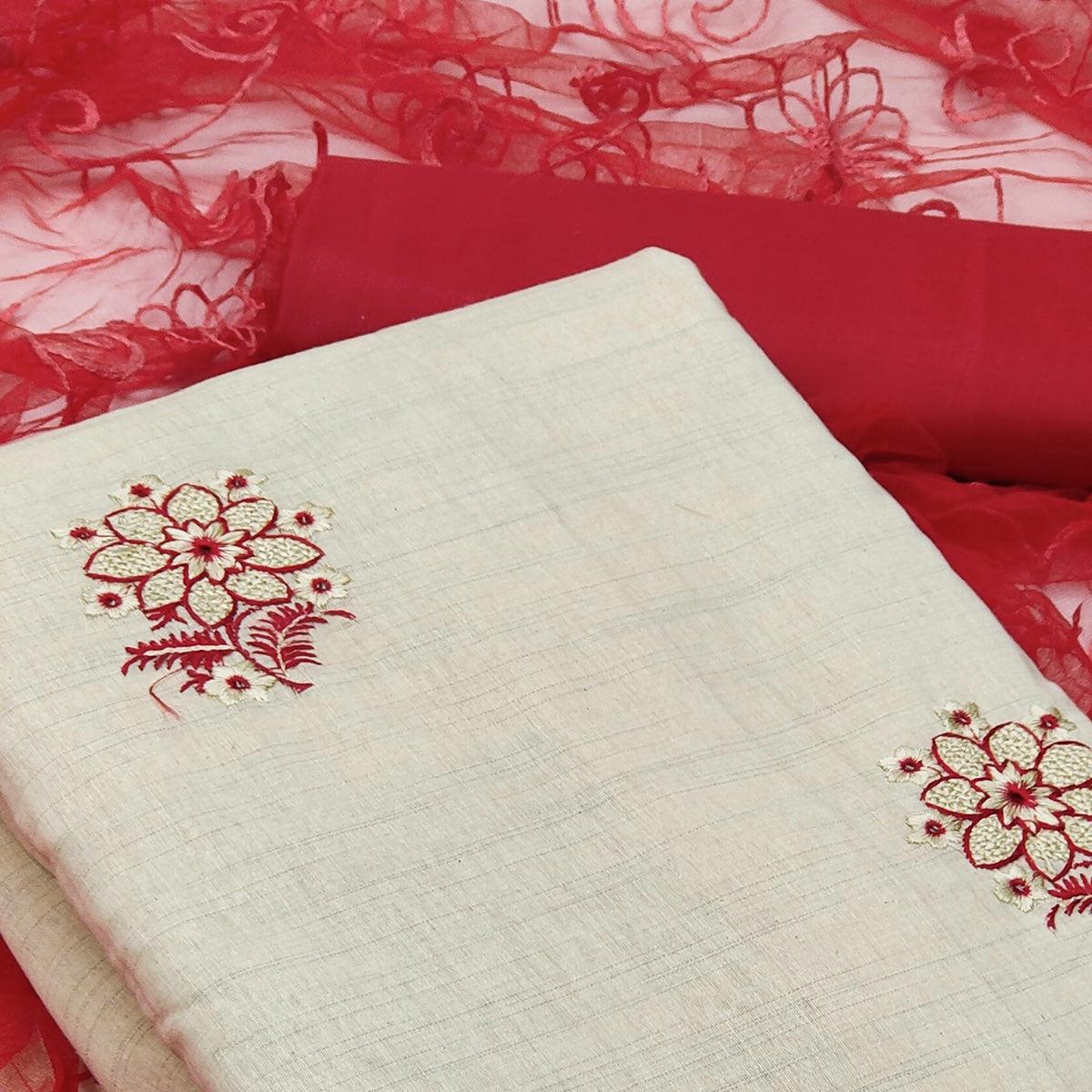Peachmode Cream - Red Casual Wear Floral Embroidered Cotton Dress Material - view 2