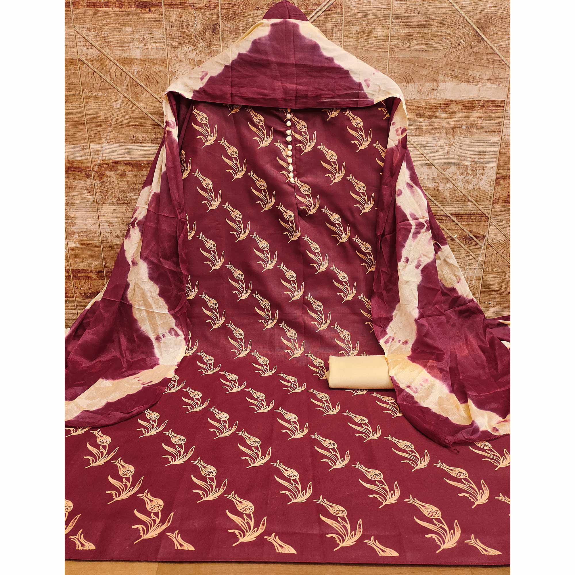 Peachmode Maroon Floral Printed Slub Cotton Dress Material - view 4