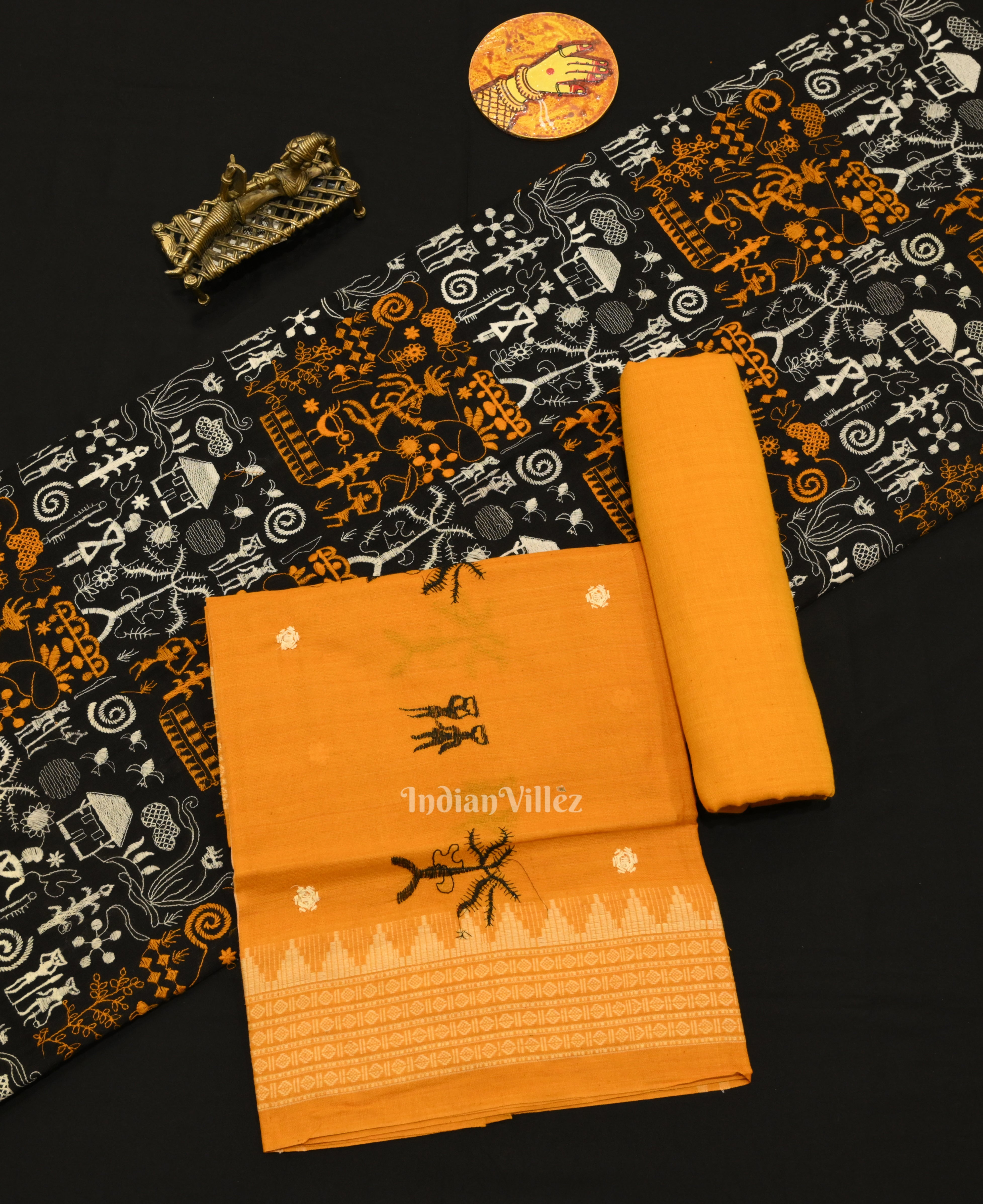 IndianVillèz Black Yellow Tribal Design Sambalpuri Dress Material & Dupatta